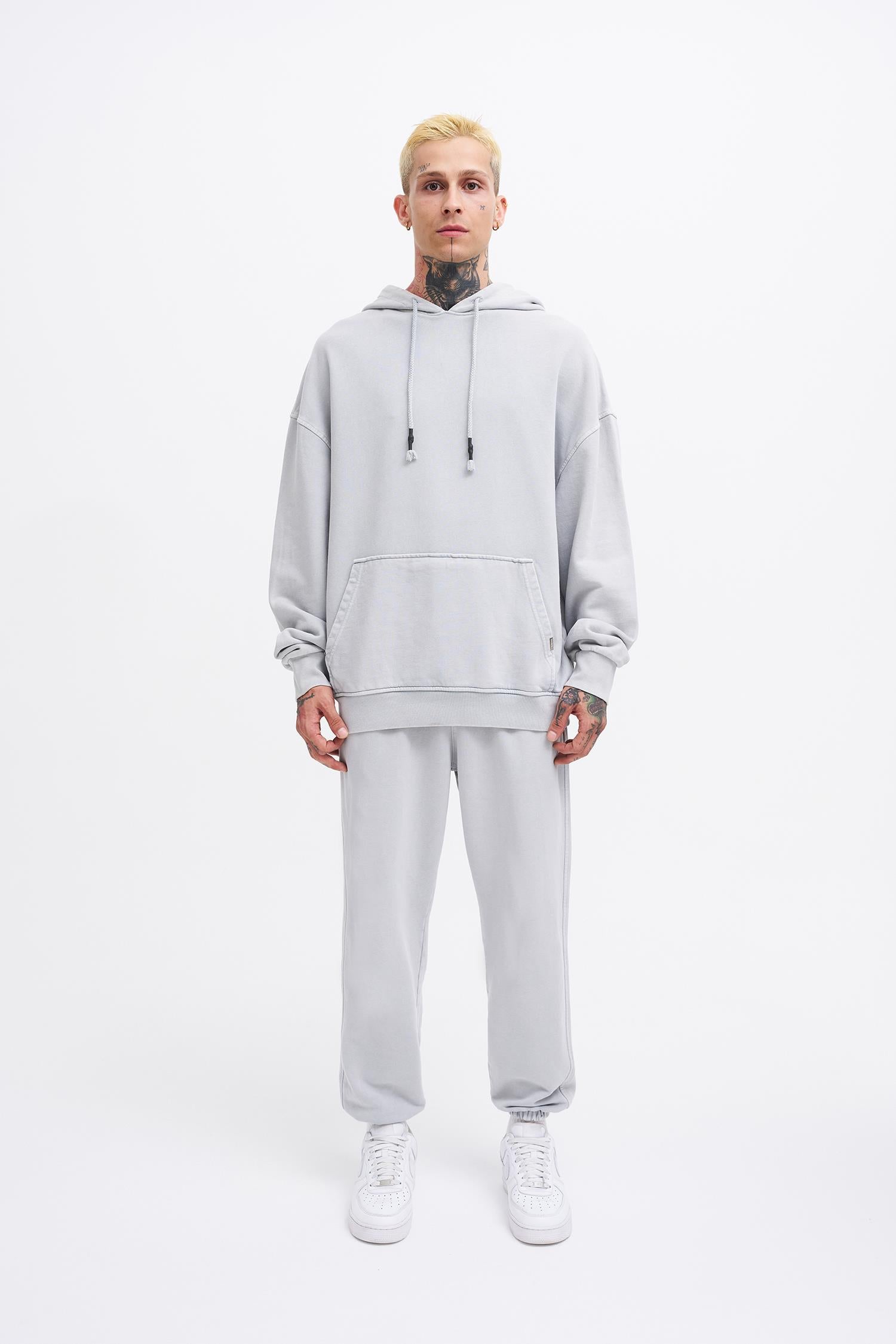 Erkek Yıkamalı Basic Kapüşonlu Oversize Sweatshirt Gri