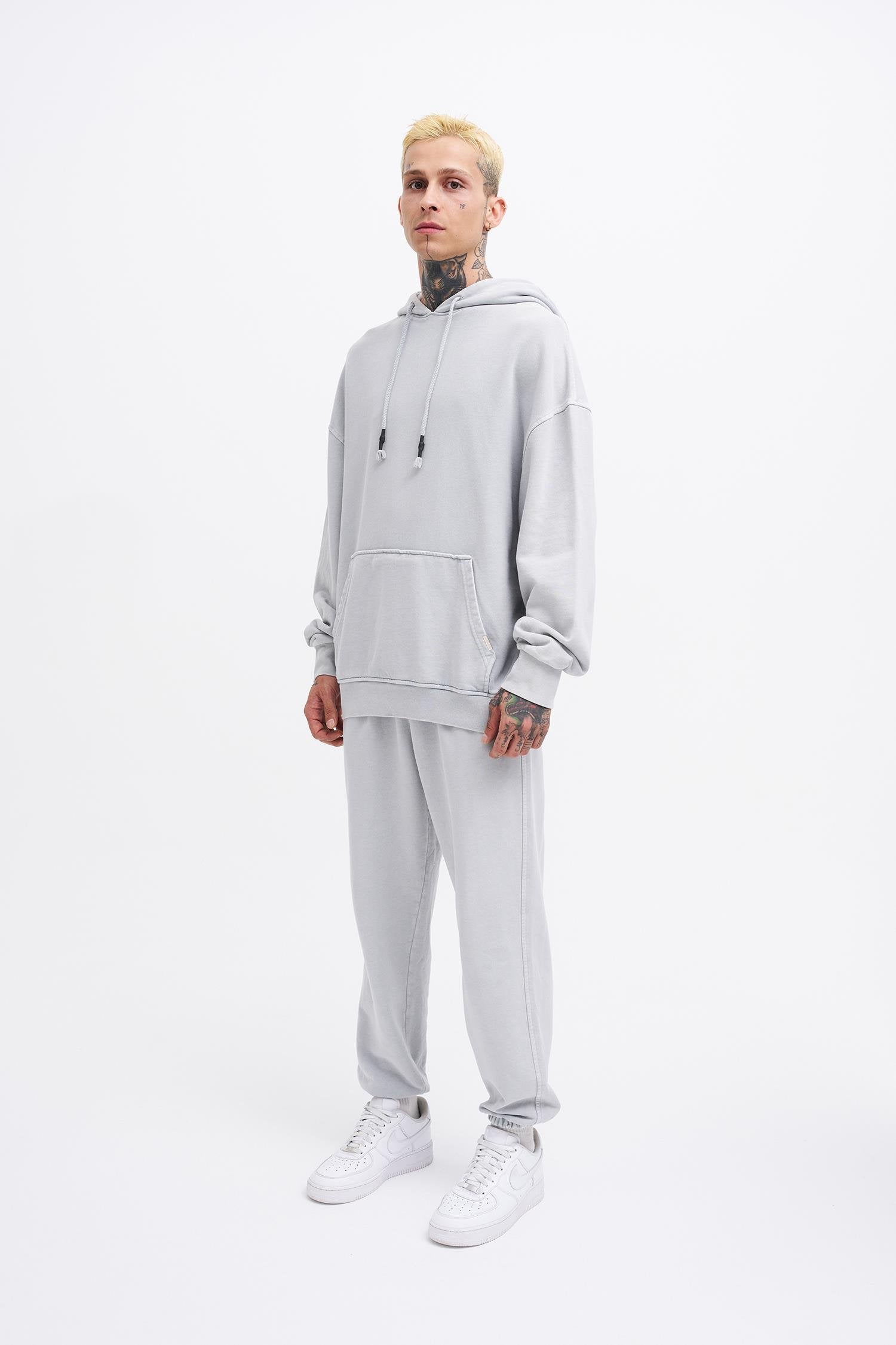 Erkek Yıkamalı Basic Kapüşonlu Oversize Sweatshirt Gri