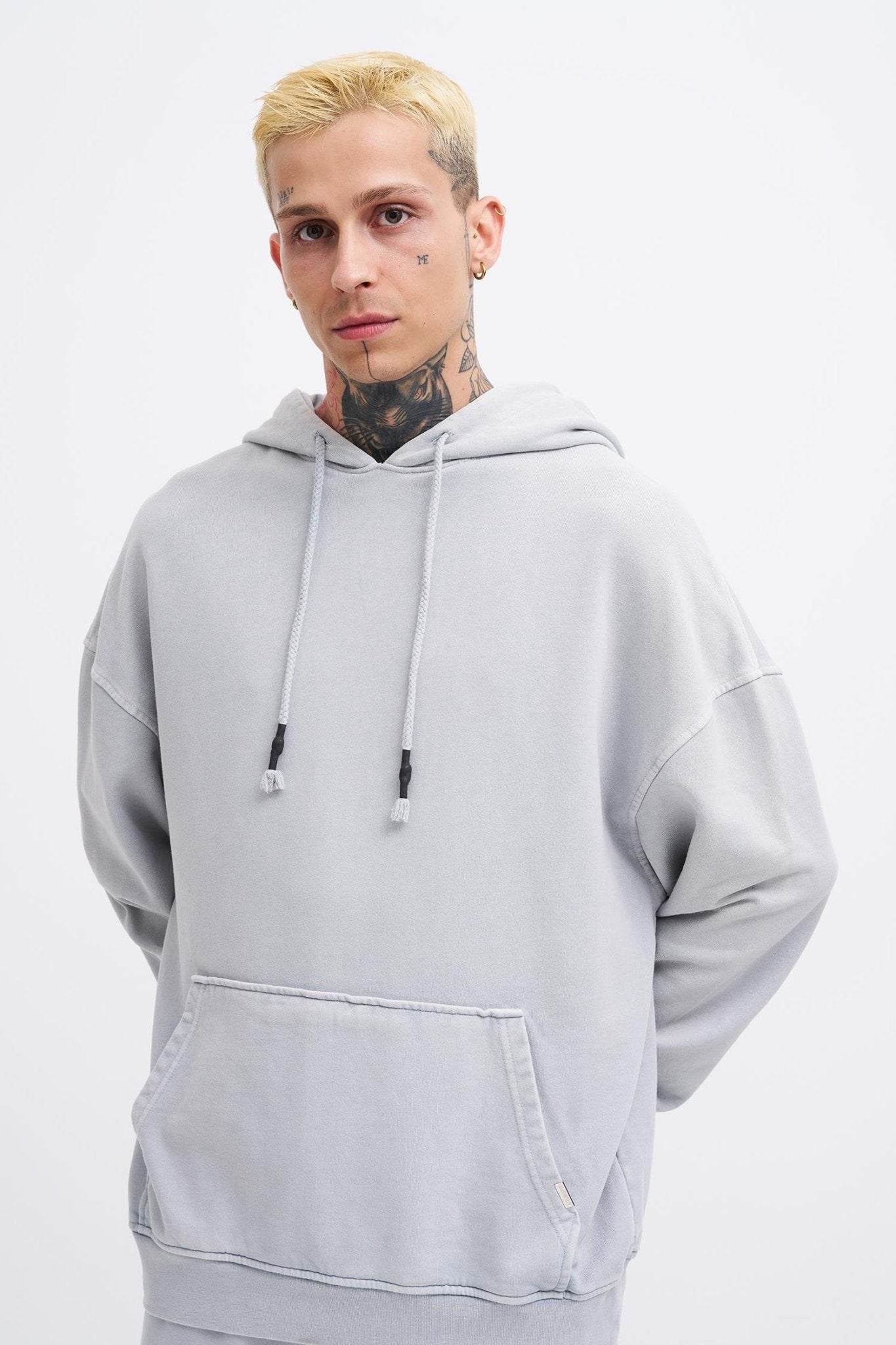 Erkek Yıkamalı Basic Kapüşonlu Oversize Sweatshirt Gri