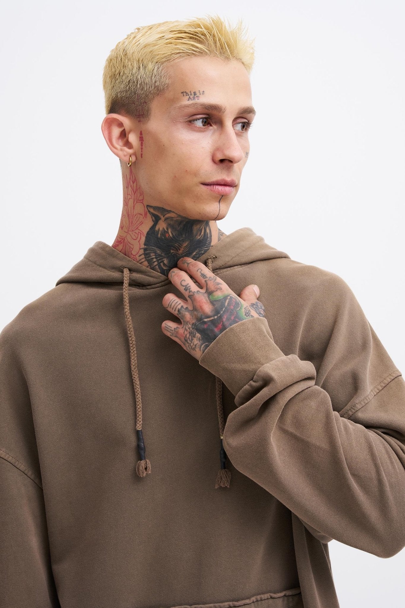 Erkek Yıkamalı Basic Kapüşonlu Oversize Sweatshirt Kahverengi