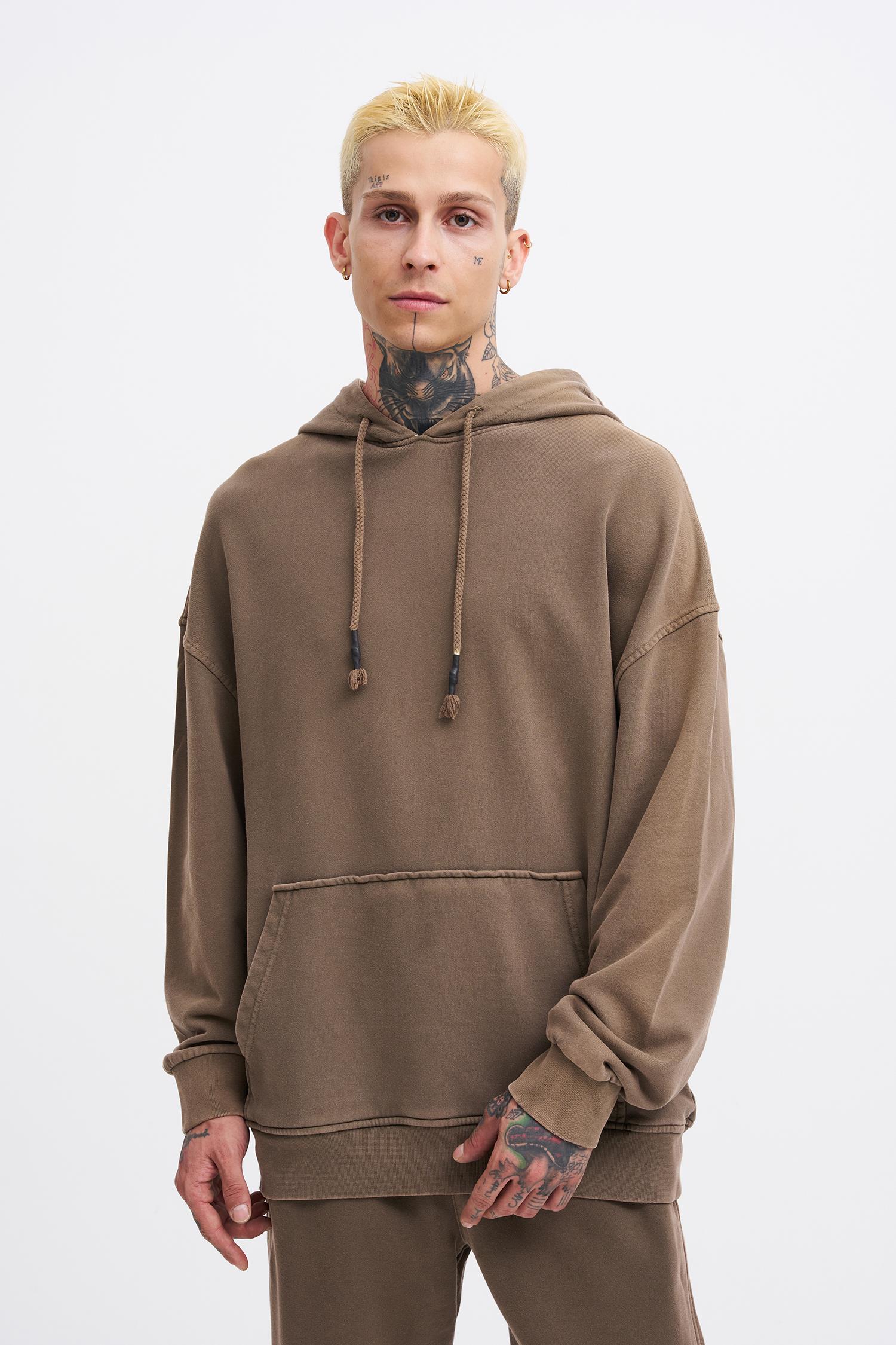 Erkek Yıkamalı Basic Kapüşonlu Oversize Sweatshirt Kahverengi
