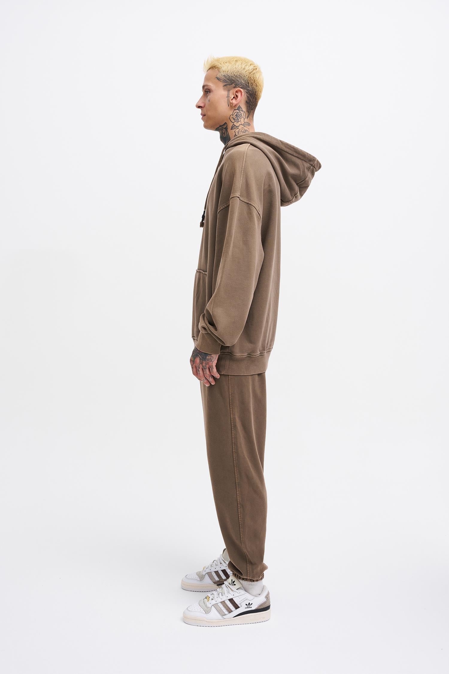 Erkek Yıkamalı Basic Kapüşonlu Oversize Sweatshirt Kahverengi