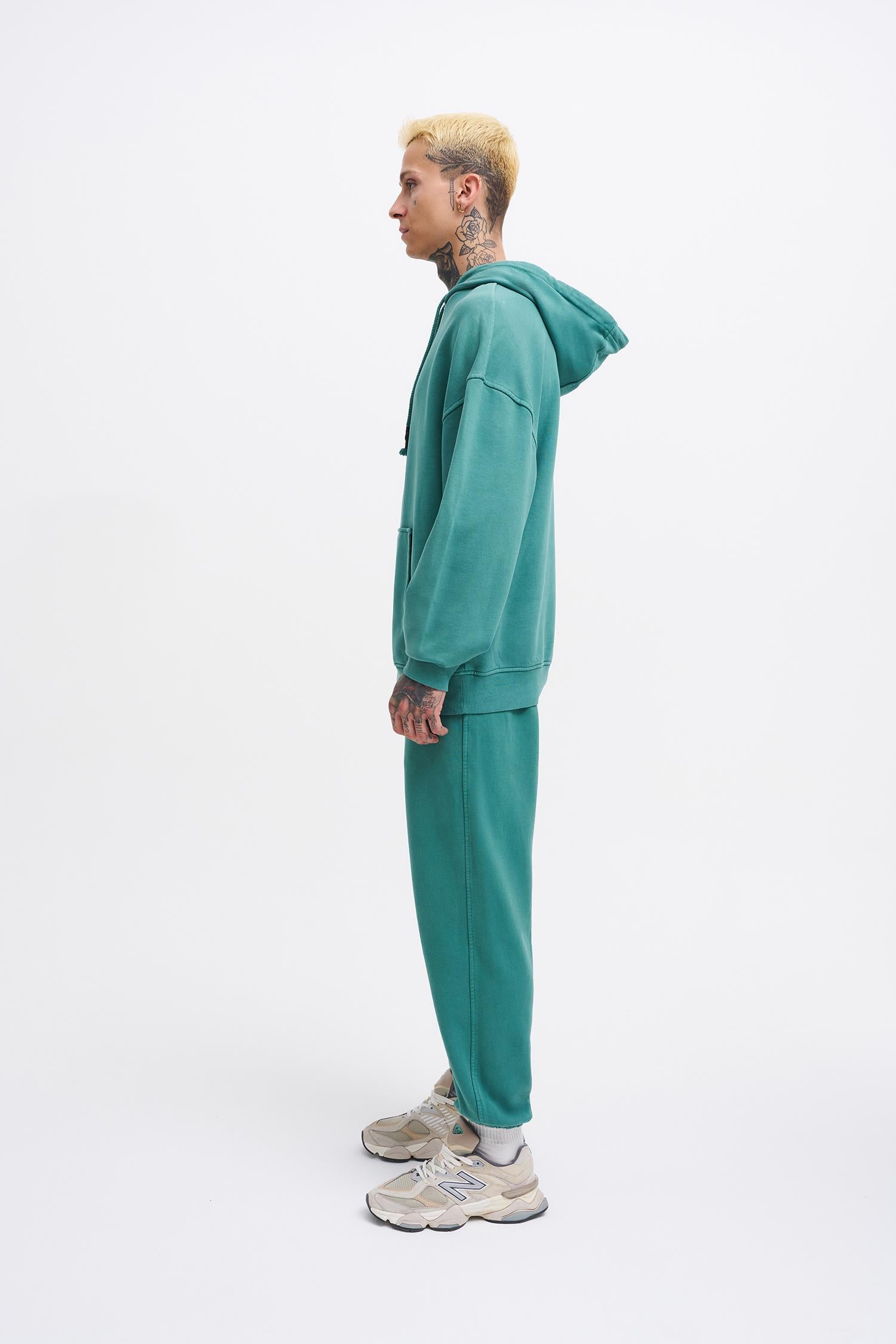 Erkek Yıkamalı Basic Kapüşonlu Oversize Sweatshirt Yağ Yeşili