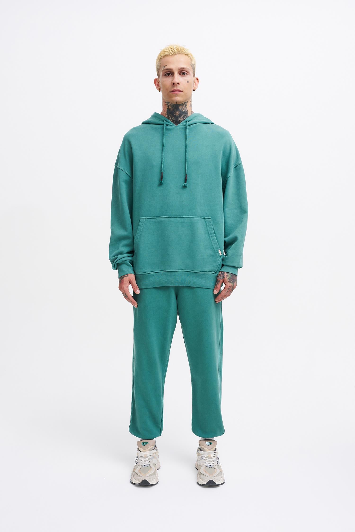 Erkek Yıkamalı Basic Kapüşonlu Oversize Sweatshirt Yağ Yeşili