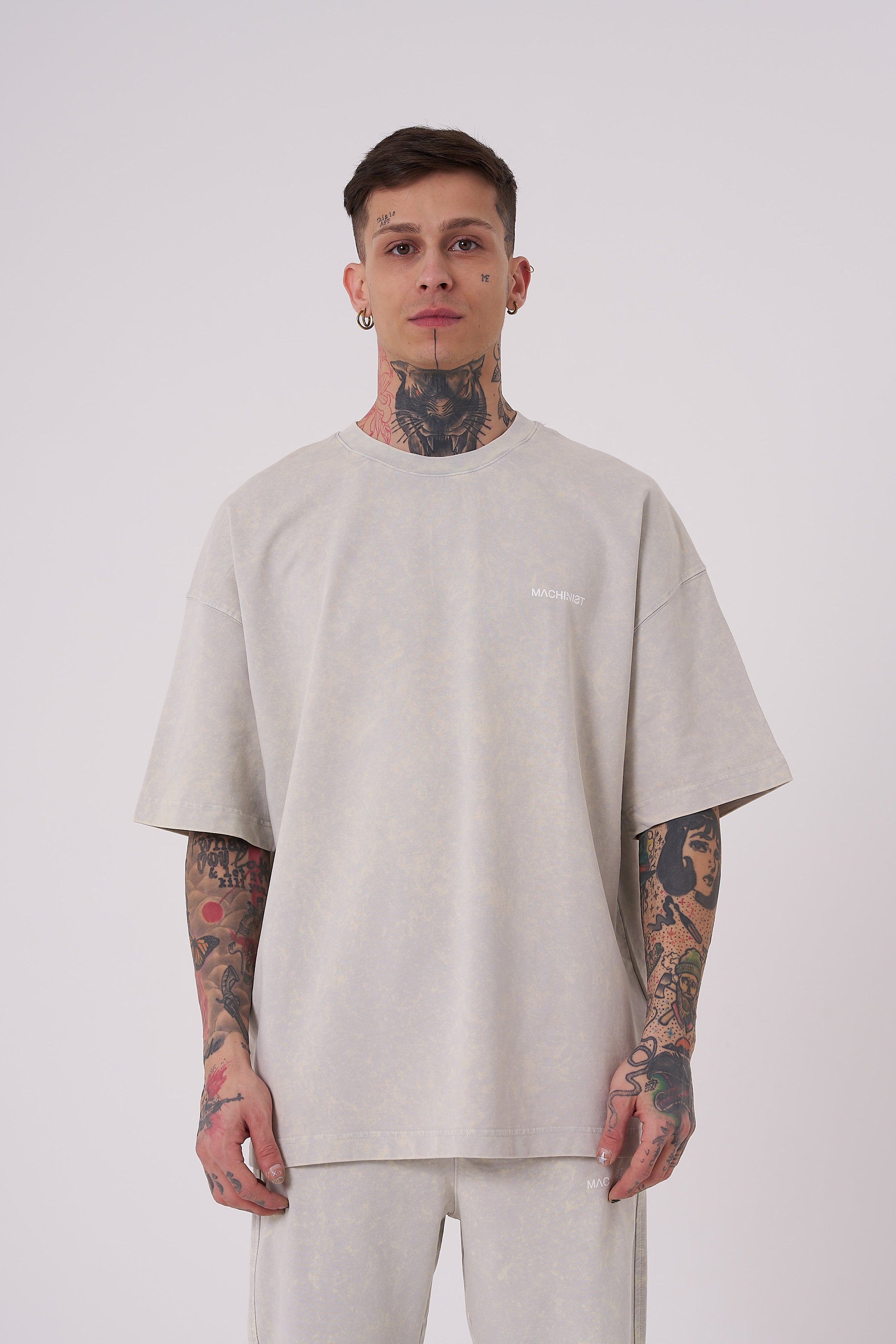 Erkek Yıkamalı Basic Oversize Tişört Açık Bej Efektli