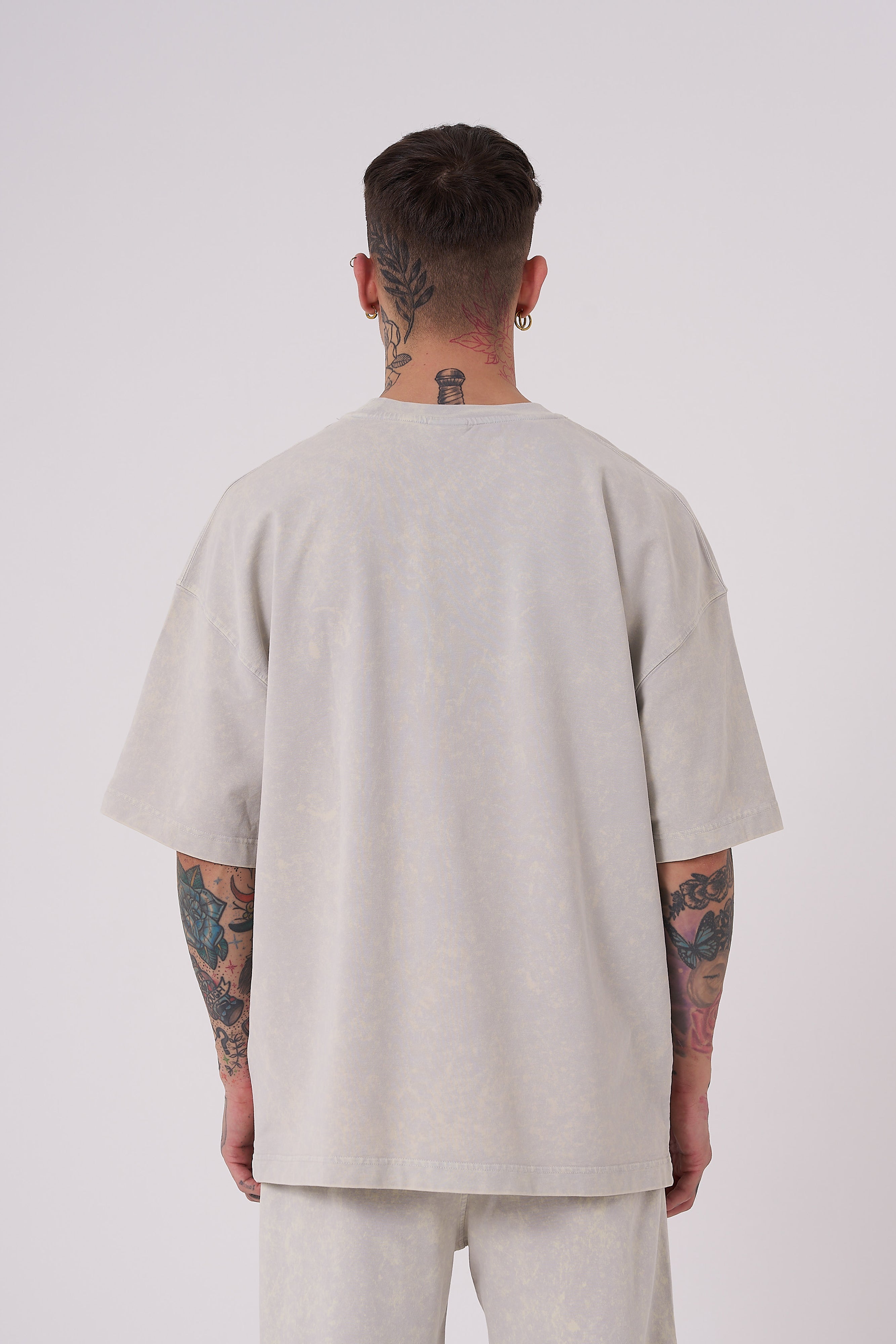 Erkek Yıkamalı Basic Oversize Tişört Açık Bej Efektli