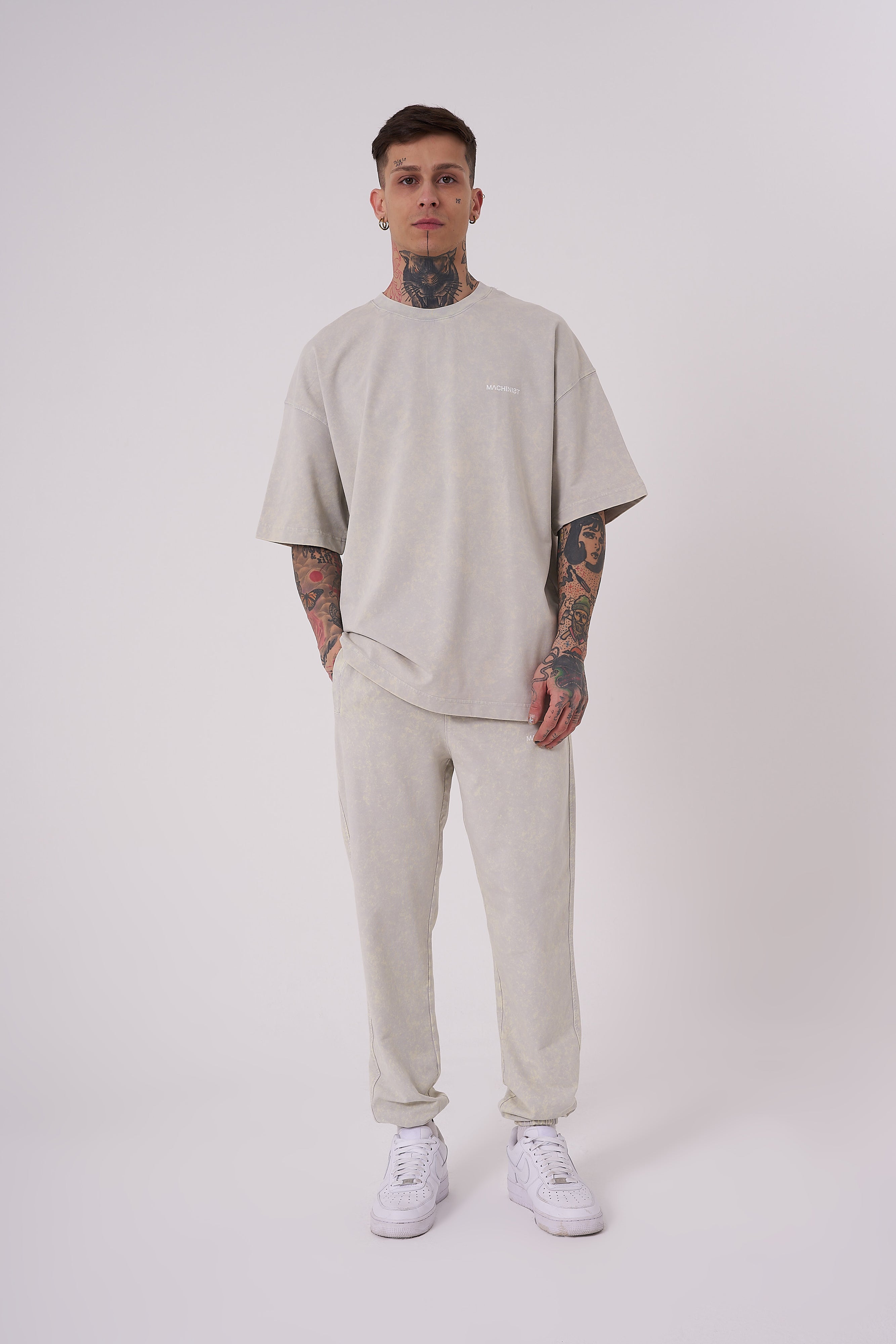 Erkek Yıkamalı Basic Oversize Tişört Açık Bej Efektli-3