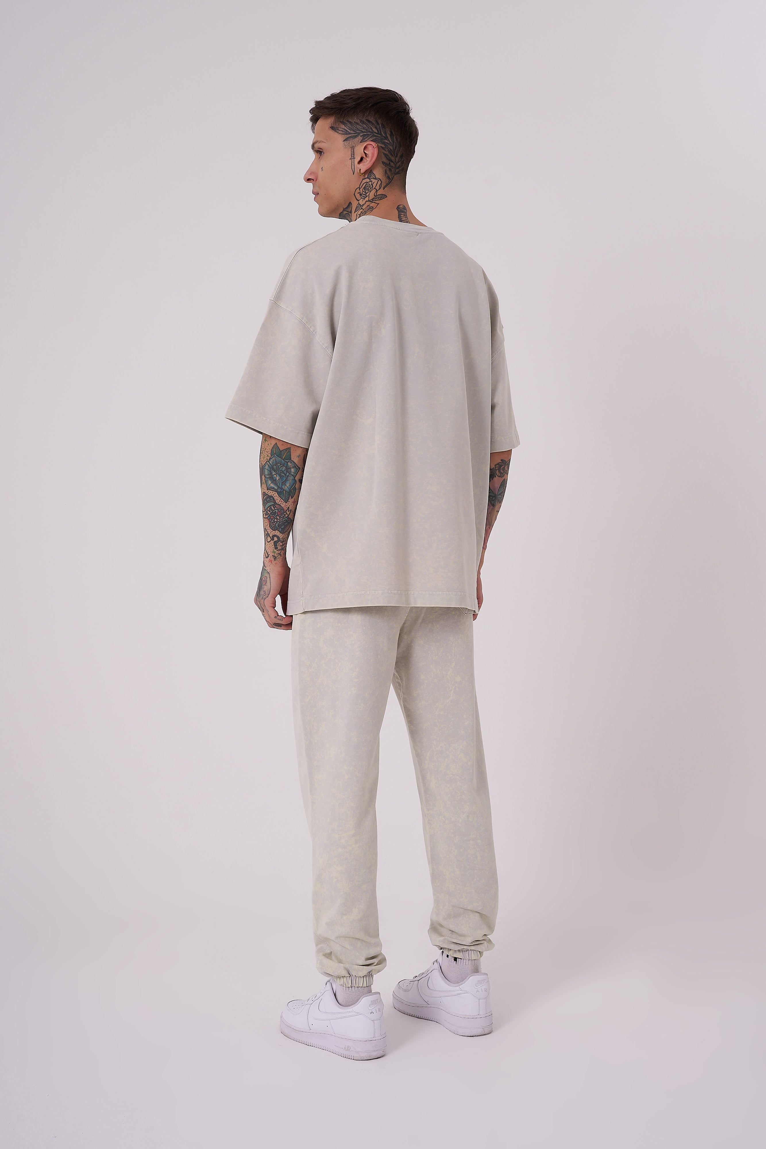 Erkek Yıkamalı Basic Oversize Tişört Açık Bej Efektli-4