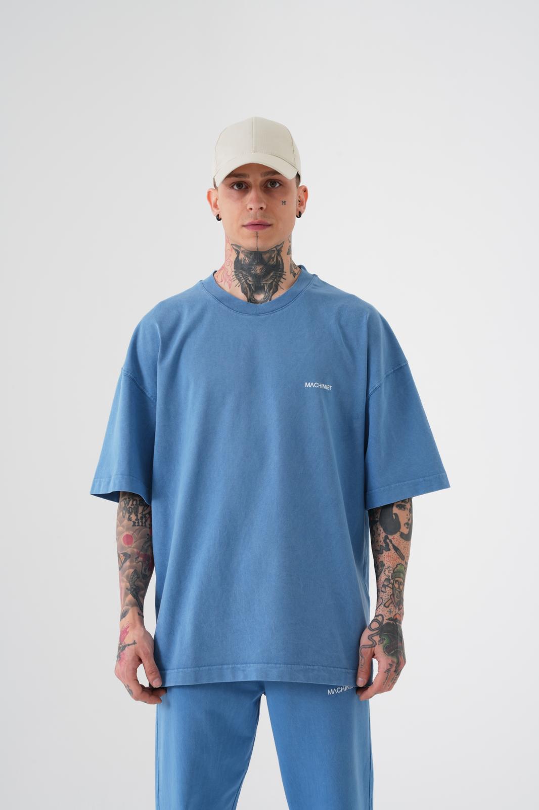 Erkek Yıkamalı Basic Oversize Tişört Açık Mavi