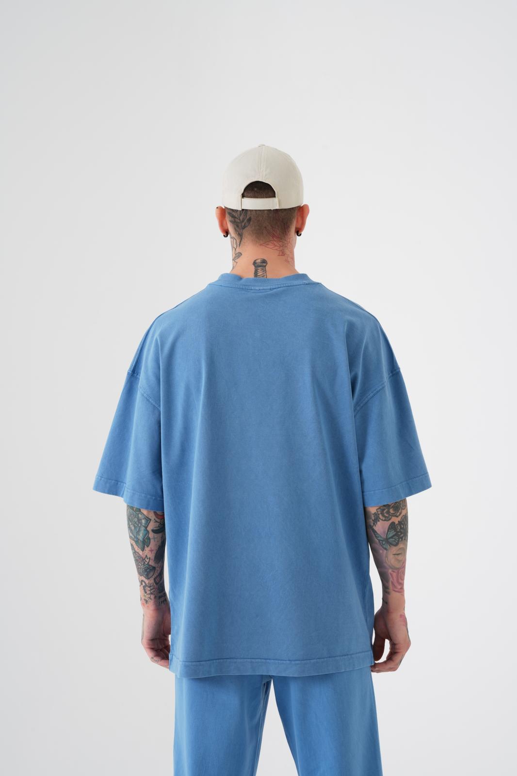 Erkek Yıkamalı Basic Oversize Tişört Açık Mavi