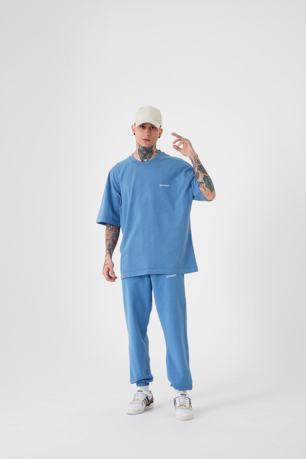 Erkek Yıkamalı Basic Oversize Tişört Açık Mavi-3