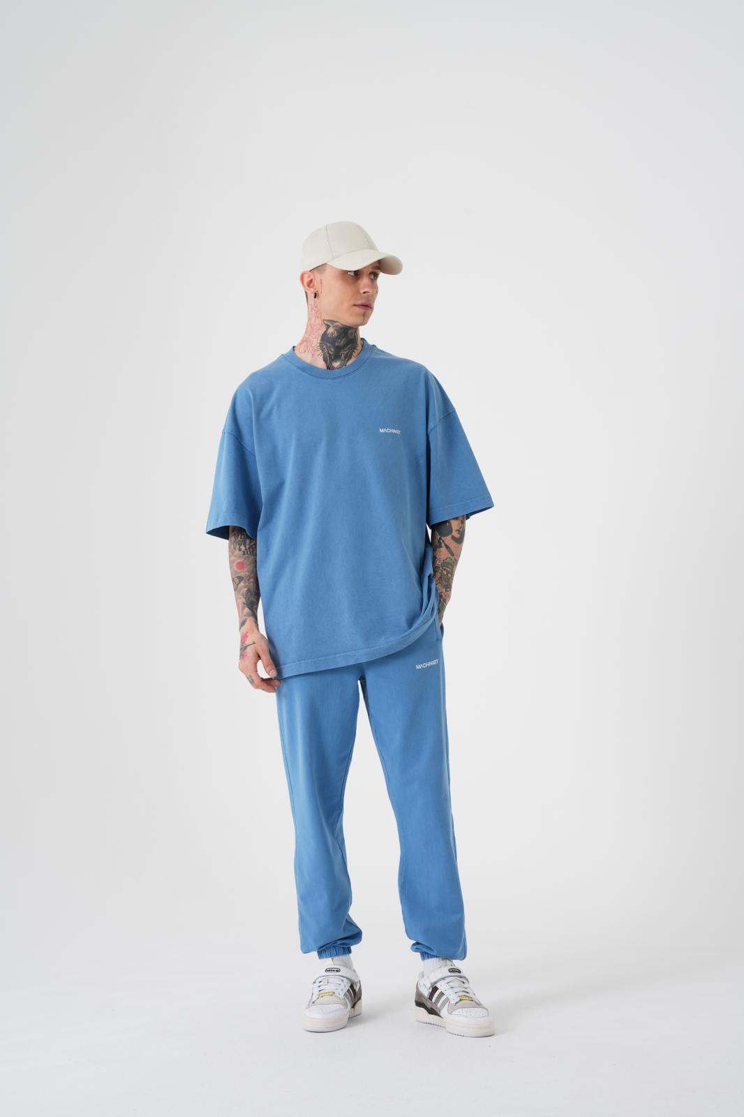 Erkek Yıkamalı Basic Oversize Tişört Açık Mavi-4