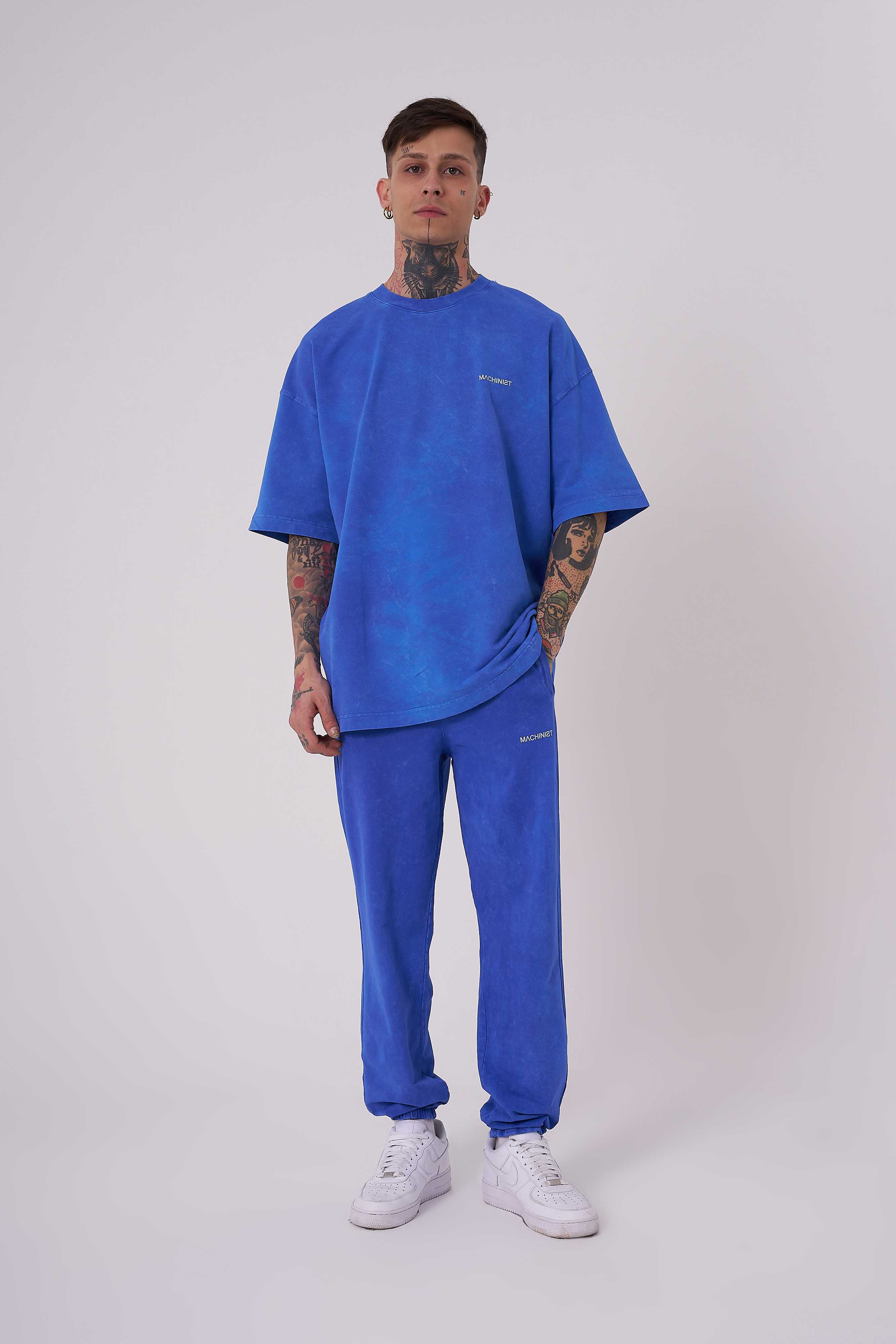 Erkek Yıkamalı Basic Oversize Tişört Açık Mavi Efektli-3