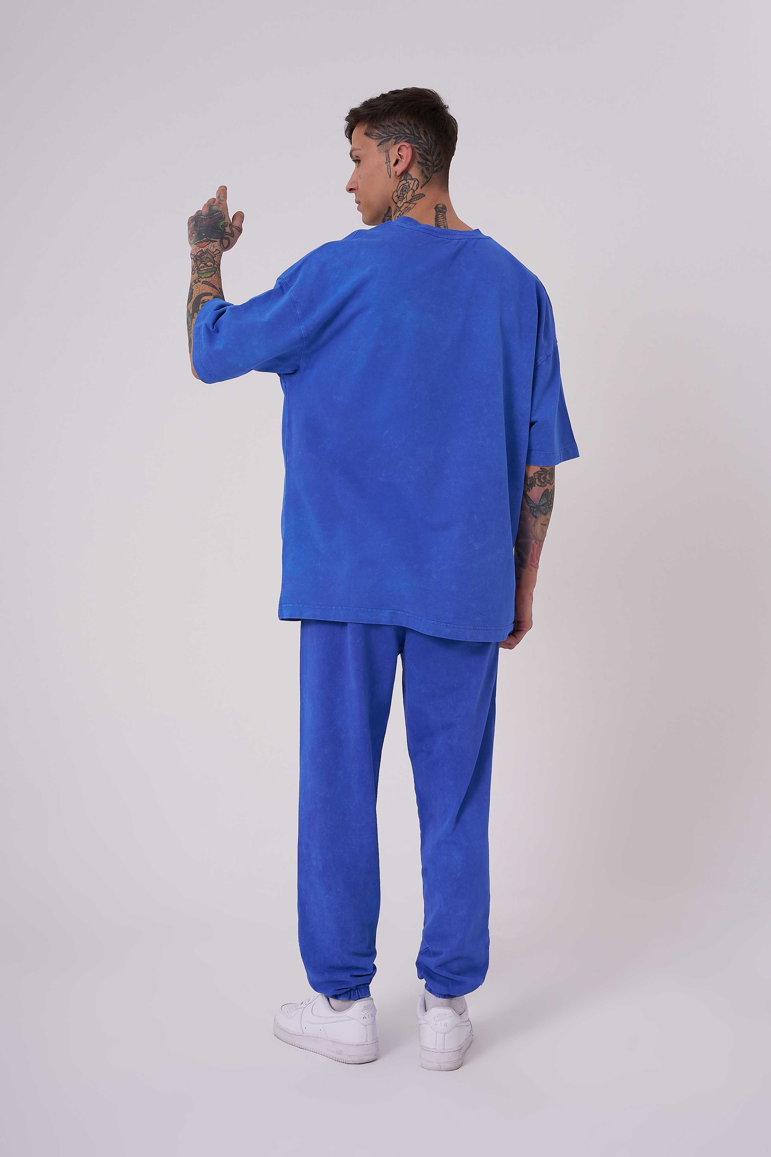 Erkek Yıkamalı Basic Oversize Tişört Açık Mavi Efektli-4