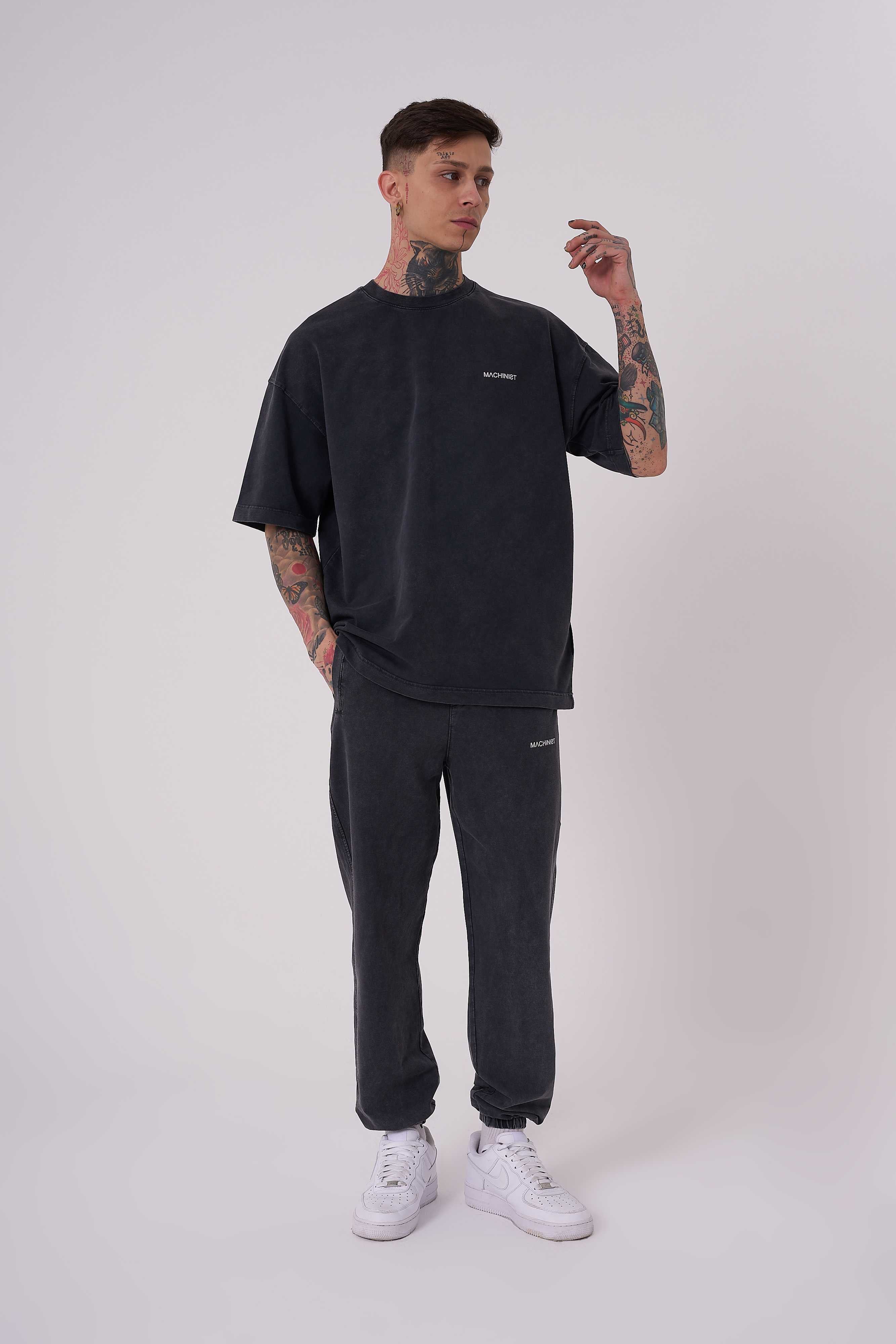 Erkek Yıkamalı Basic Oversize Tişört Antrasit-3