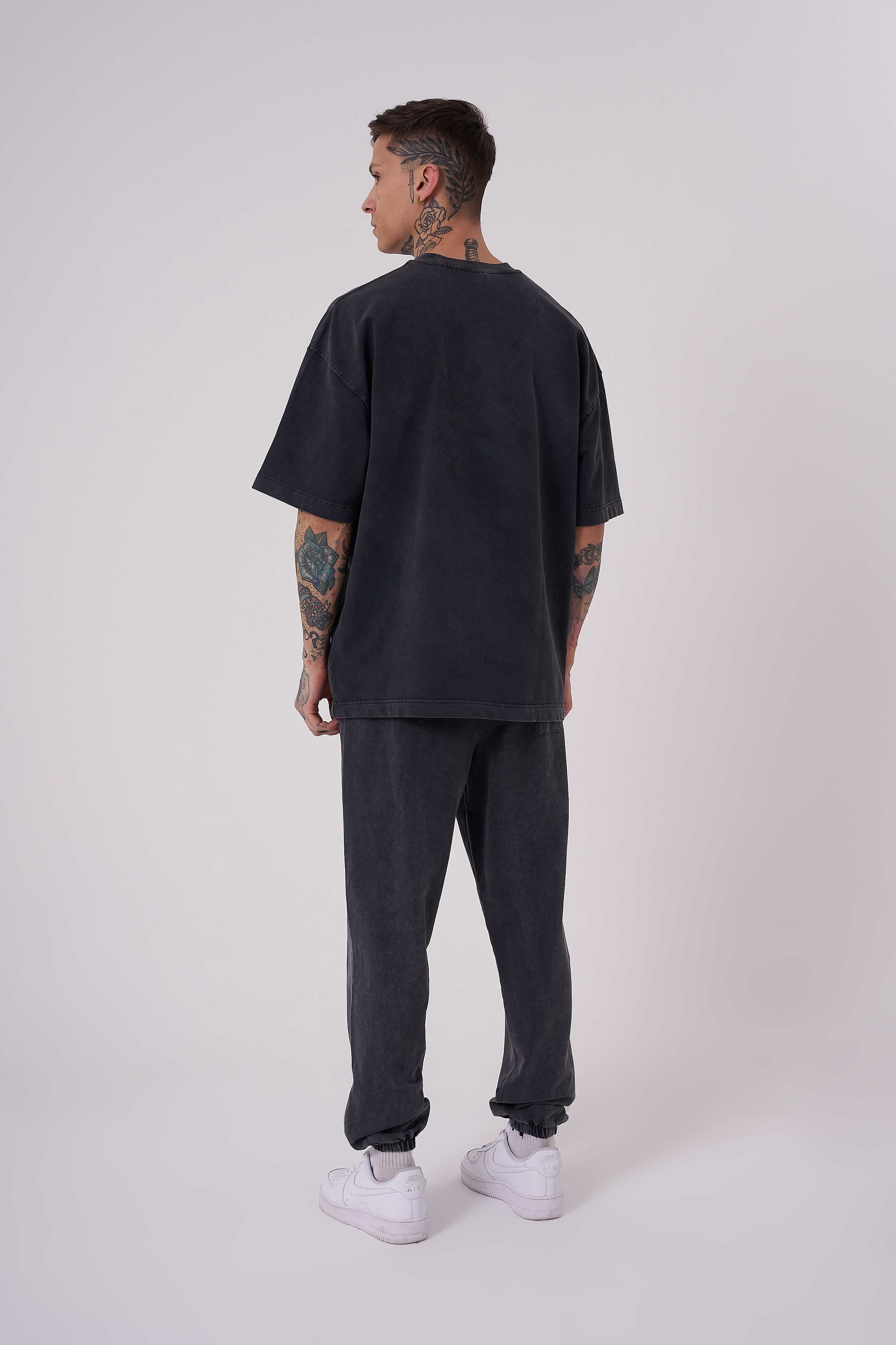 Erkek Yıkamalı Basic Oversize Tişört Antrasit-4