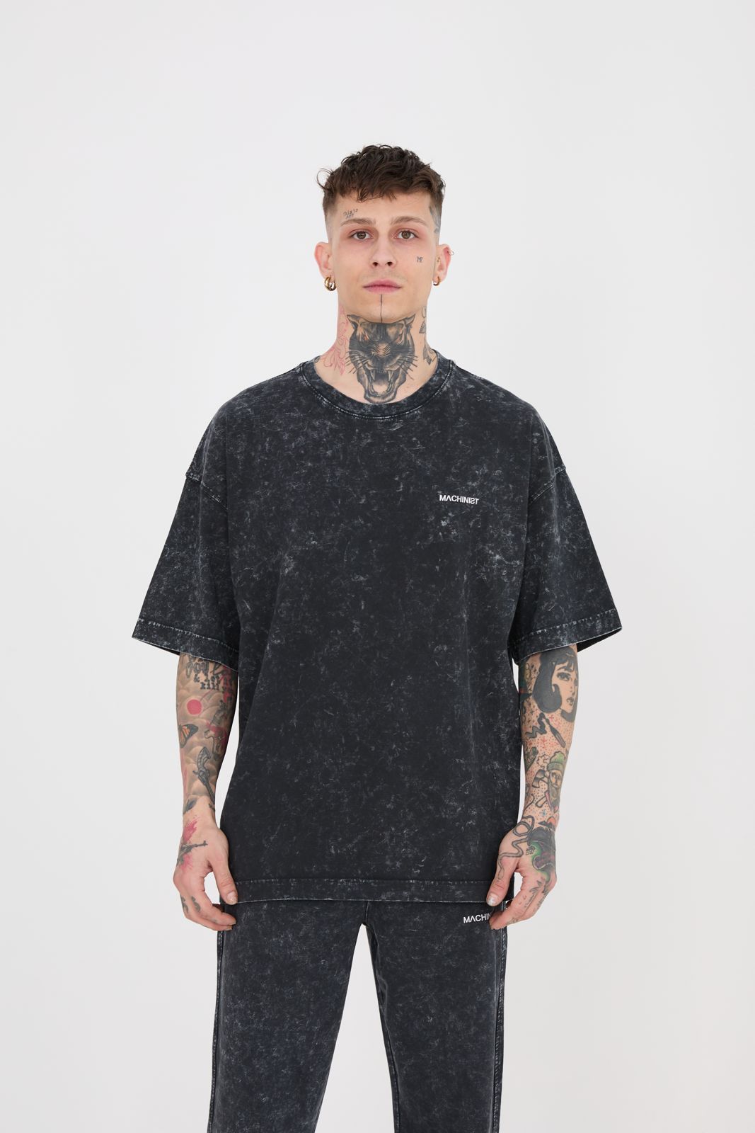 Erkek Yıkamalı Basic Oversize Tişört Antrasit Efektli
