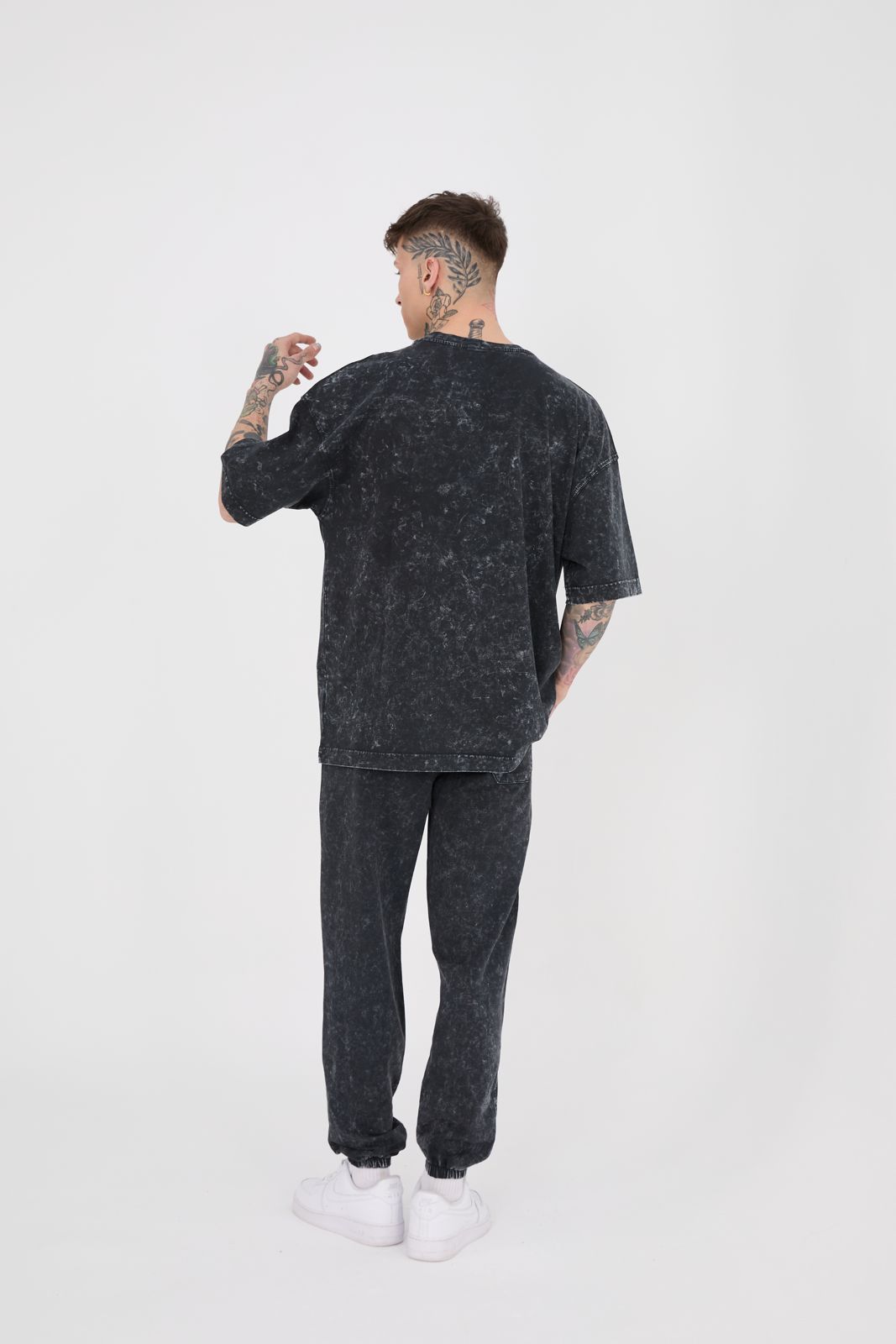 Erkek Yıkamalı Basic Oversize Tişört Antrasit Efektli-4