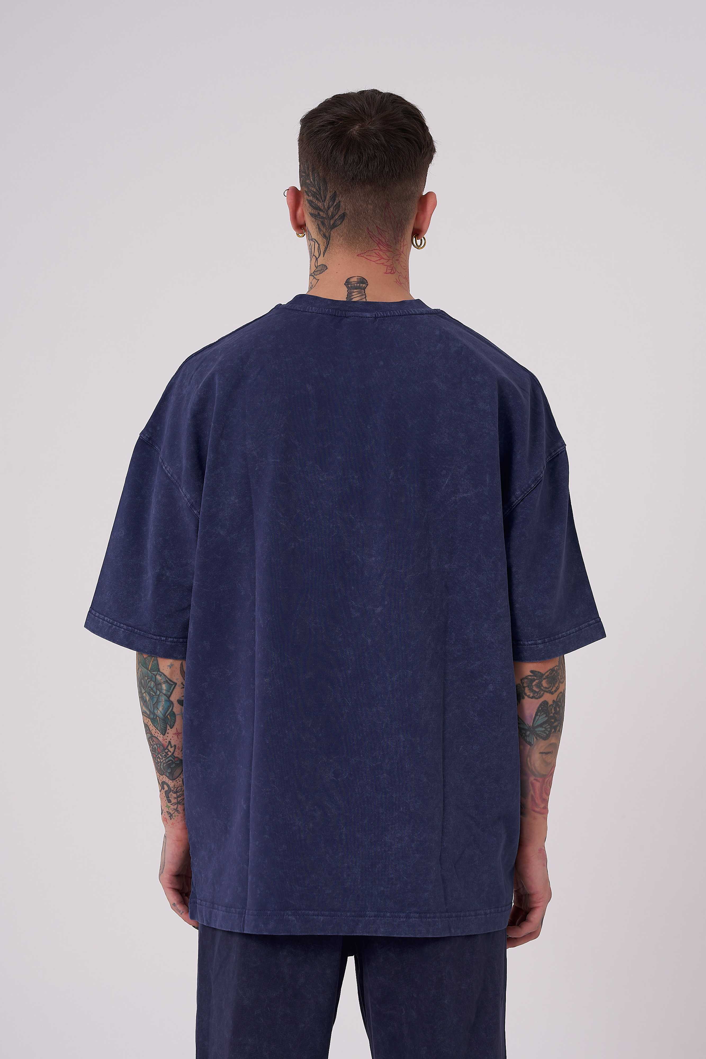 Erkek Yıkamalı Basic Oversize Tişört Gece Mavisi