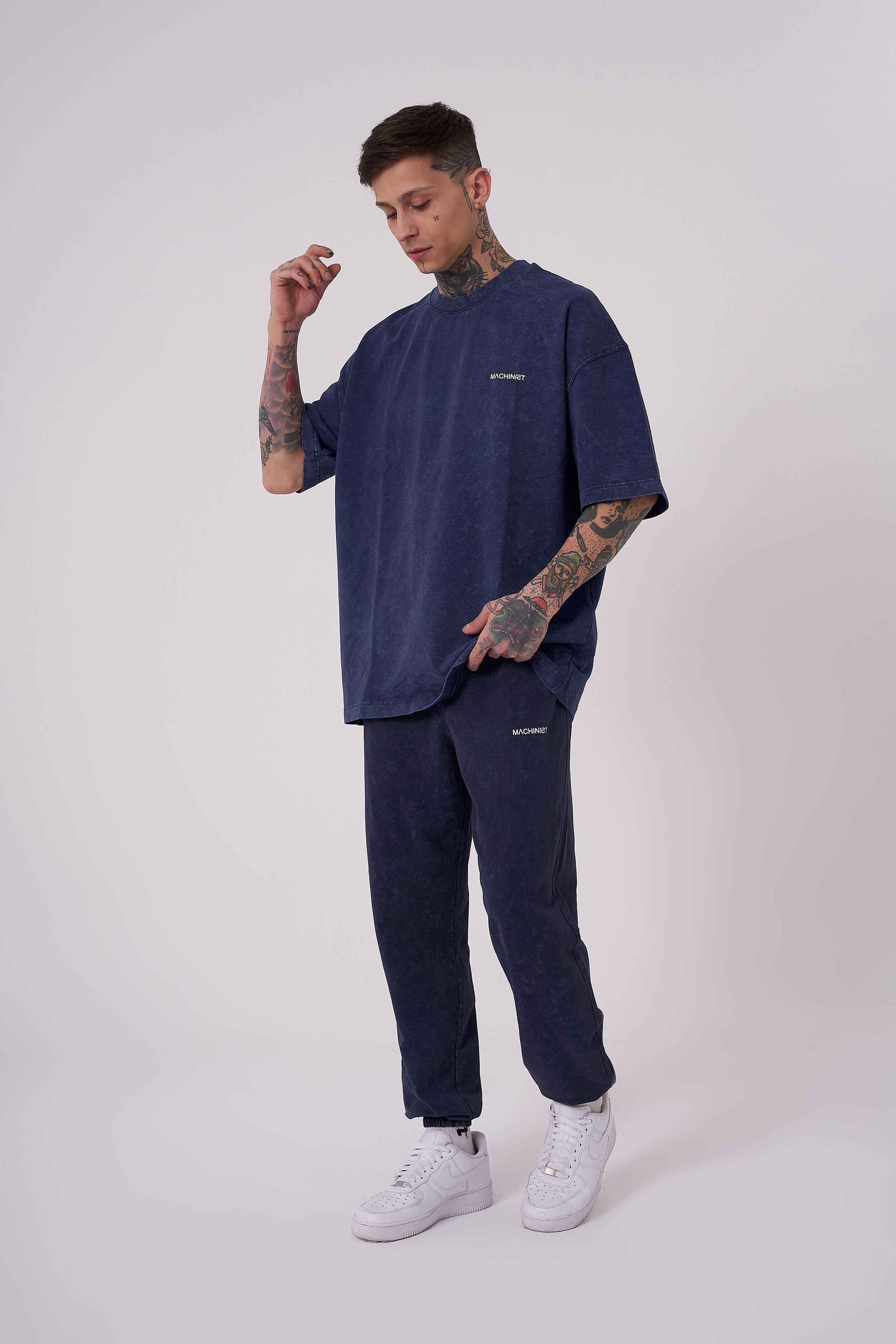 Erkek Yıkamalı Basic Oversize Tişört Gece Mavisi-3