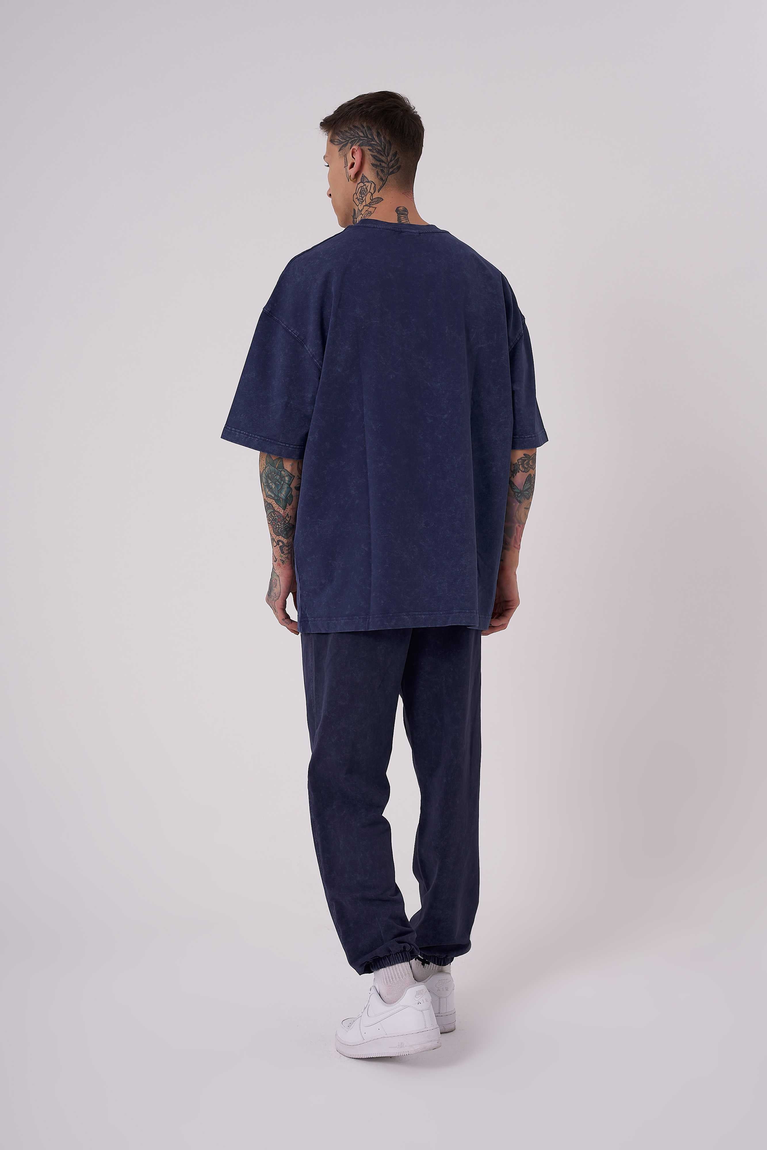 Erkek Yıkamalı Basic Oversize Tişört Gece Mavisi-4