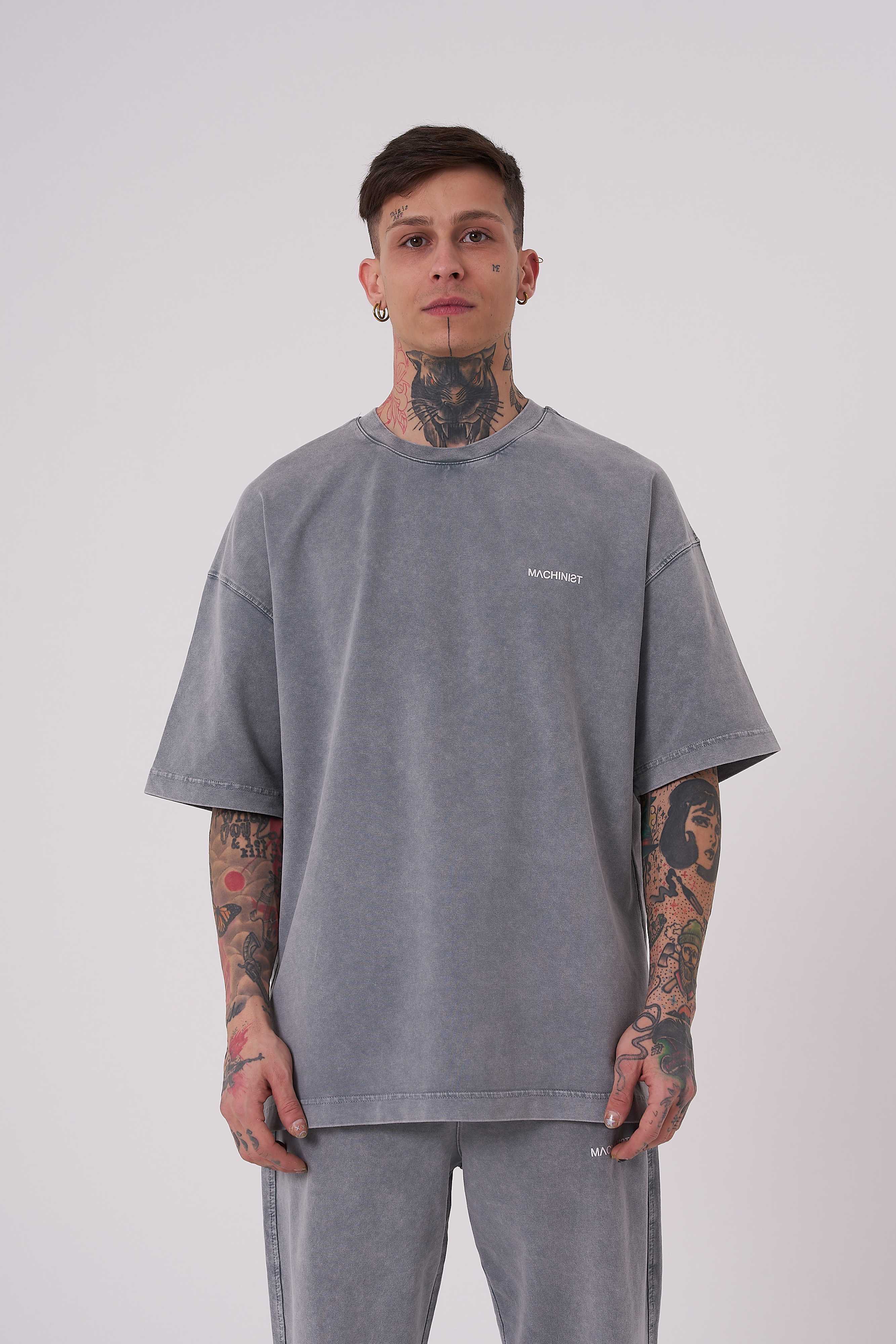 Erkek Yıkamalı Basic Oversize Tişört Gri
