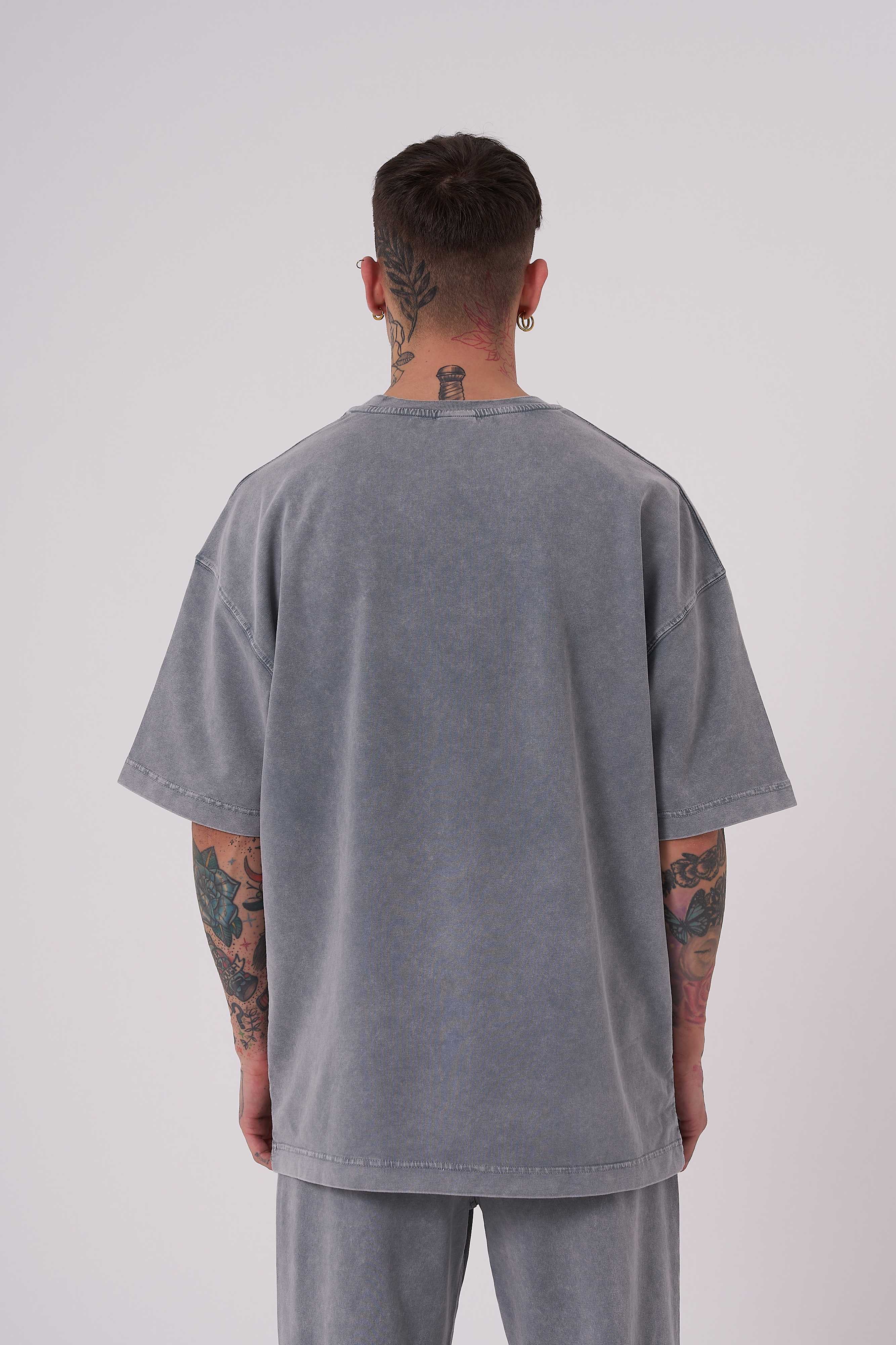 Erkek Yıkamalı Basic Oversize Tişört Gri
