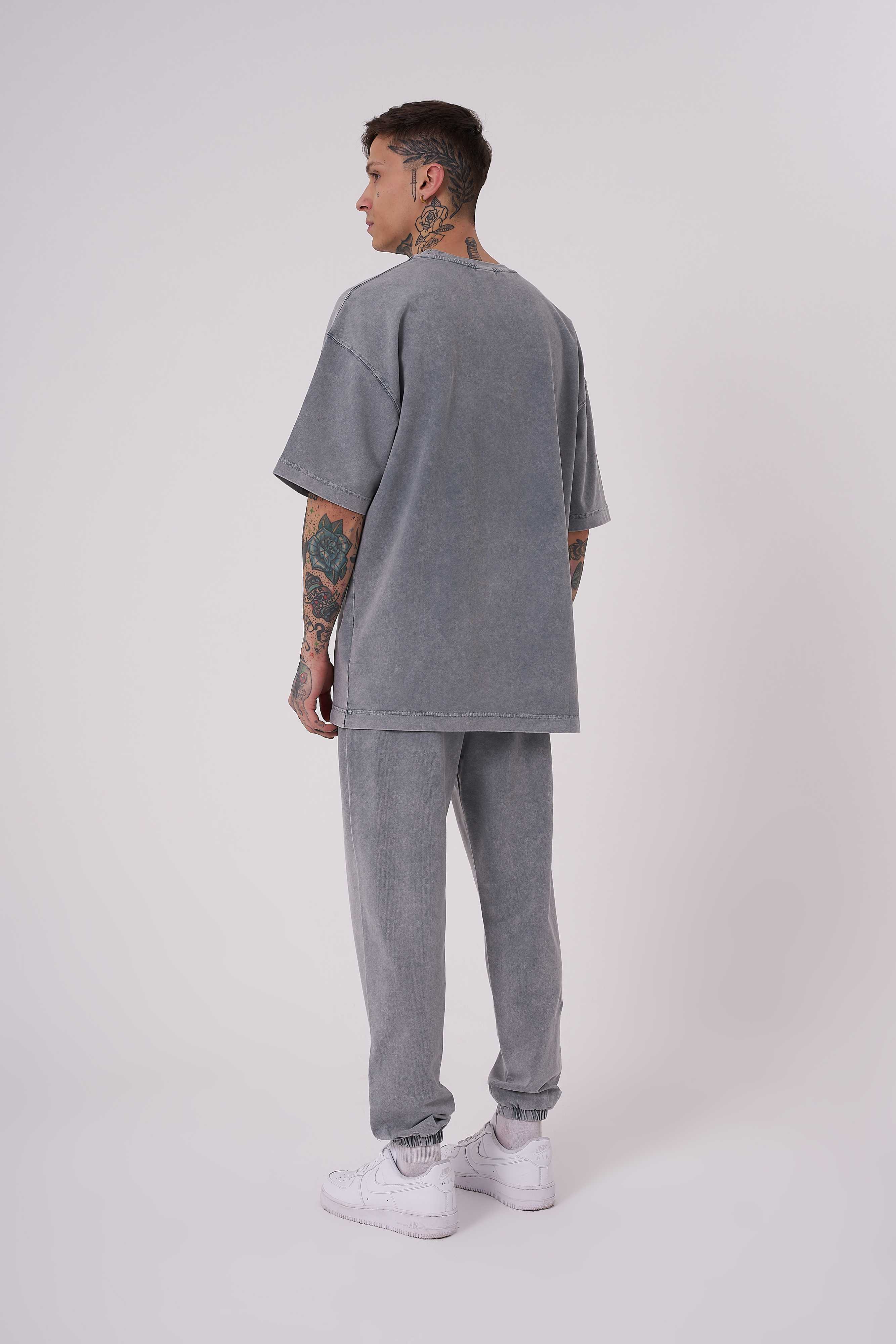 Erkek Yıkamalı Basic Oversize Tişört Gri-4