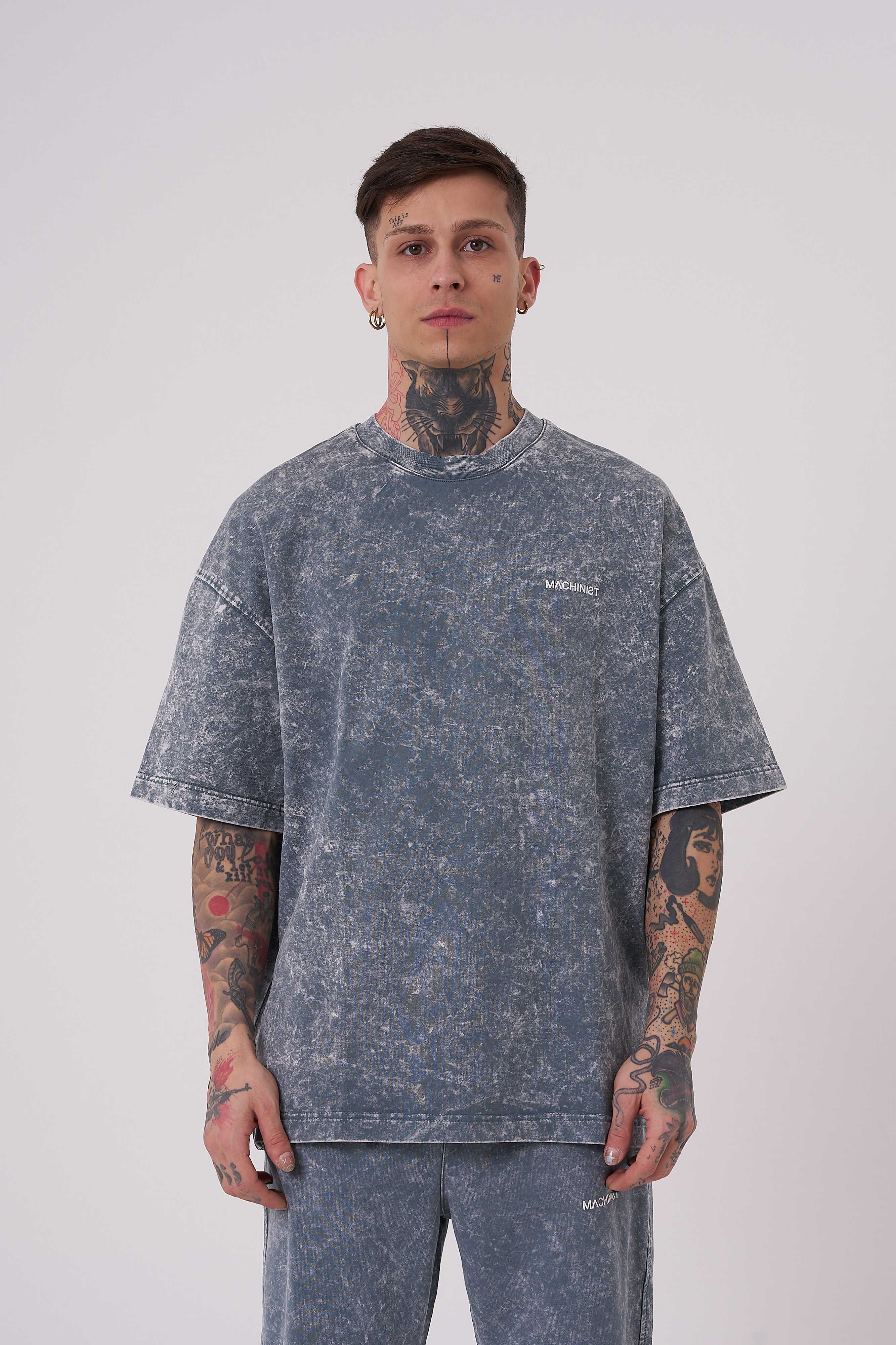 Erkek Yıkamalı Basic Oversize Tişört Gri Efektli