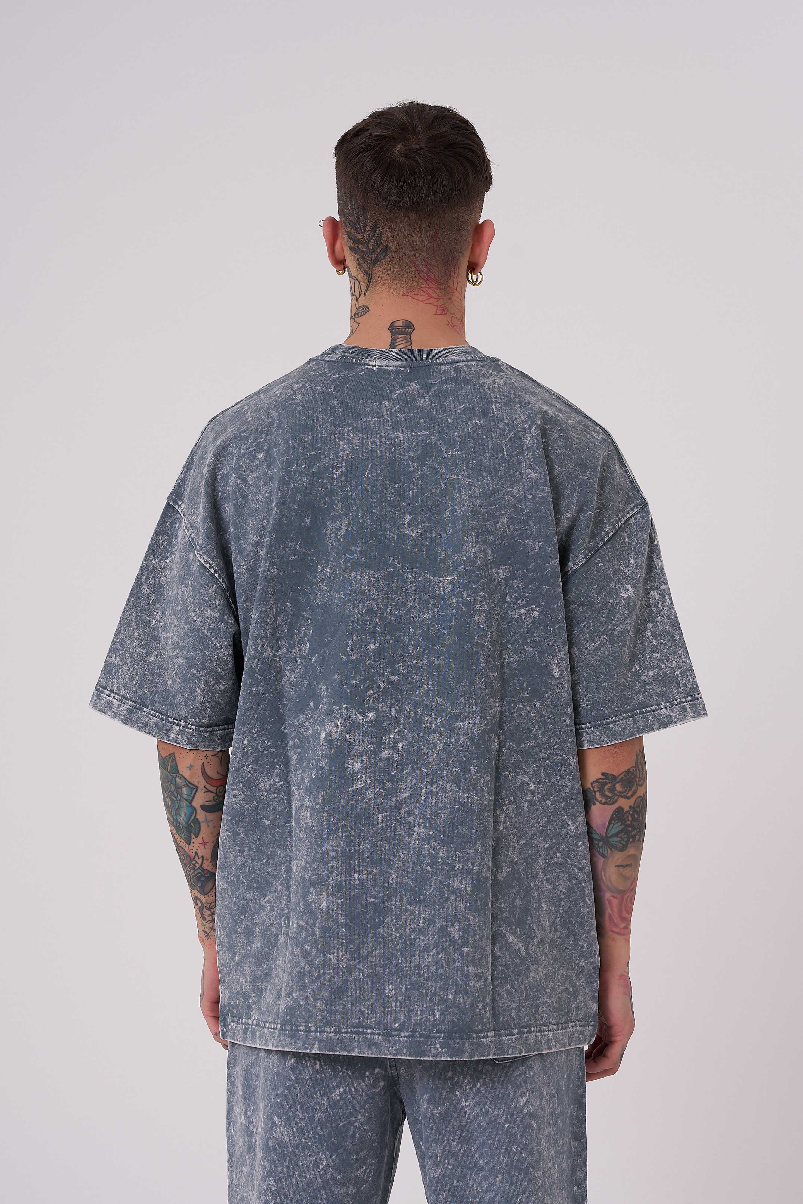 Erkek Yıkamalı Basic Oversize Tişört Gri Efektli