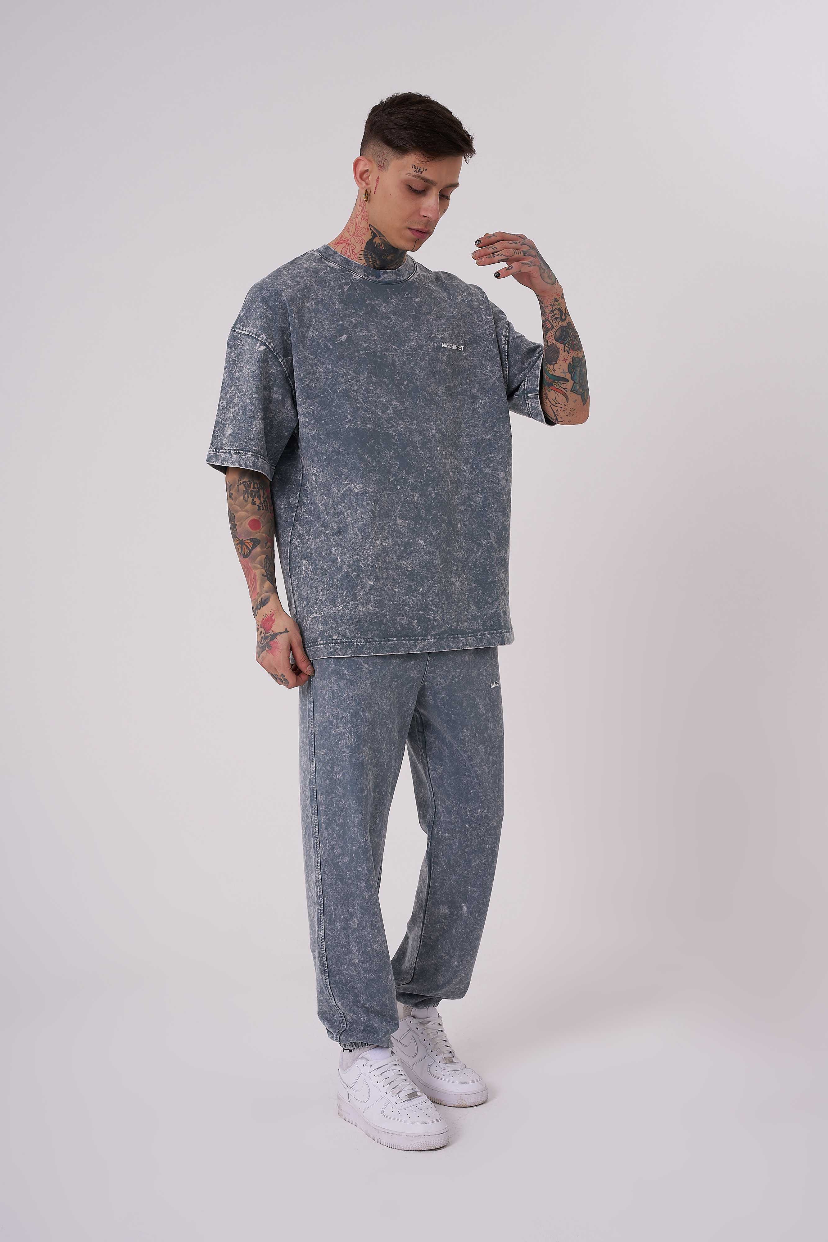 Erkek Yıkamalı Basic Oversize Tişört Gri Efektli-3