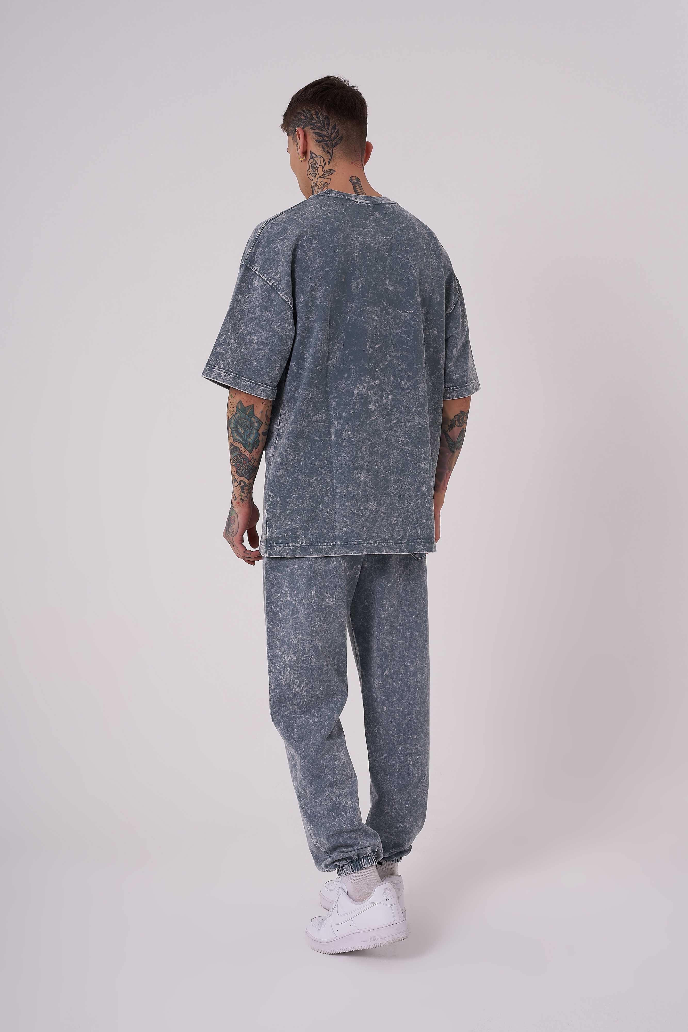 Erkek Yıkamalı Basic Oversize Tişört Gri Efektli-4