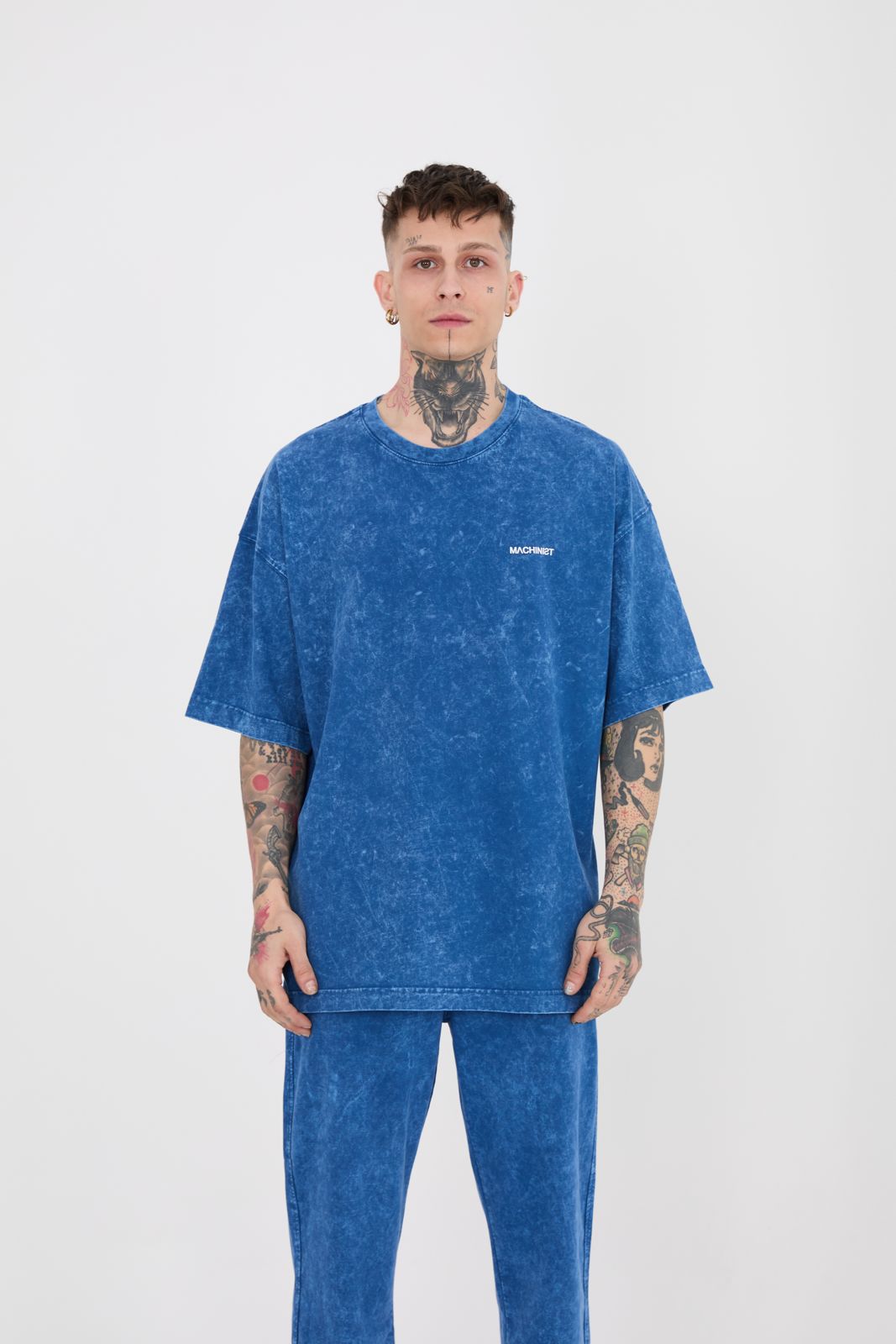 Erkek Yıkamalı Basic Oversize Tişört Indigo Efektli
