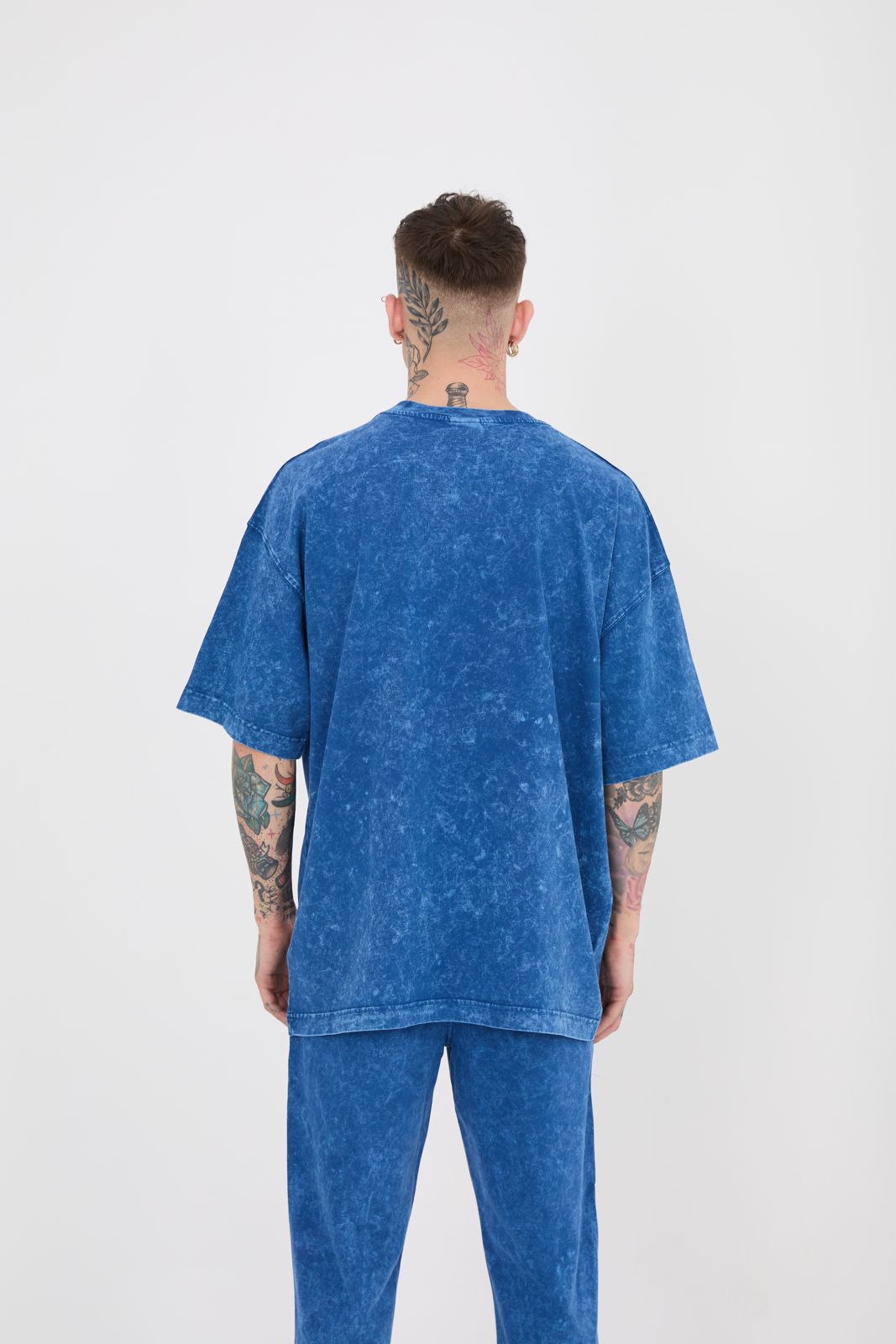 Erkek Yıkamalı Basic Oversize Tişört Indigo Efektli