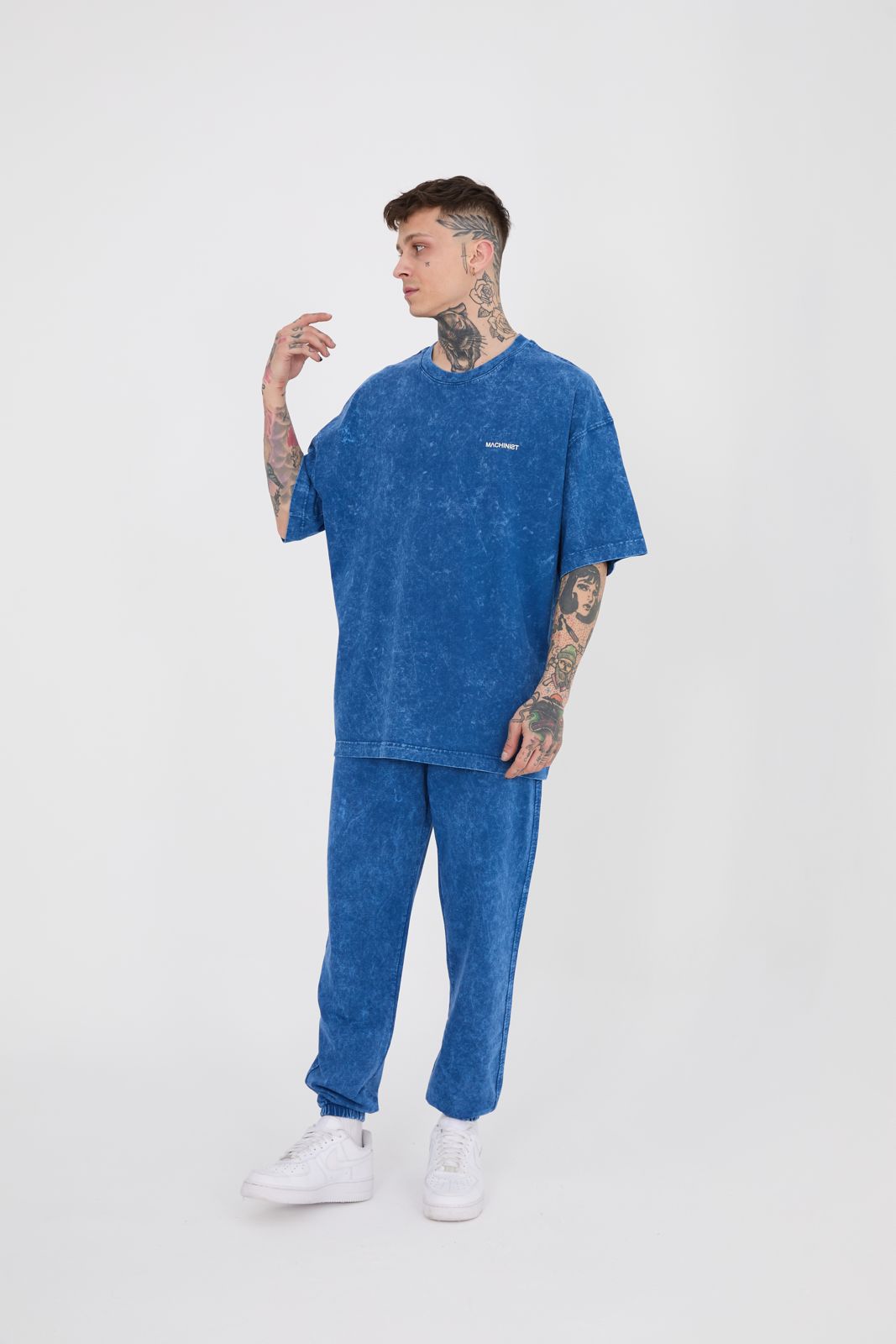 Erkek Yıkamalı Basic Oversize Tişört Indigo Efektli-3