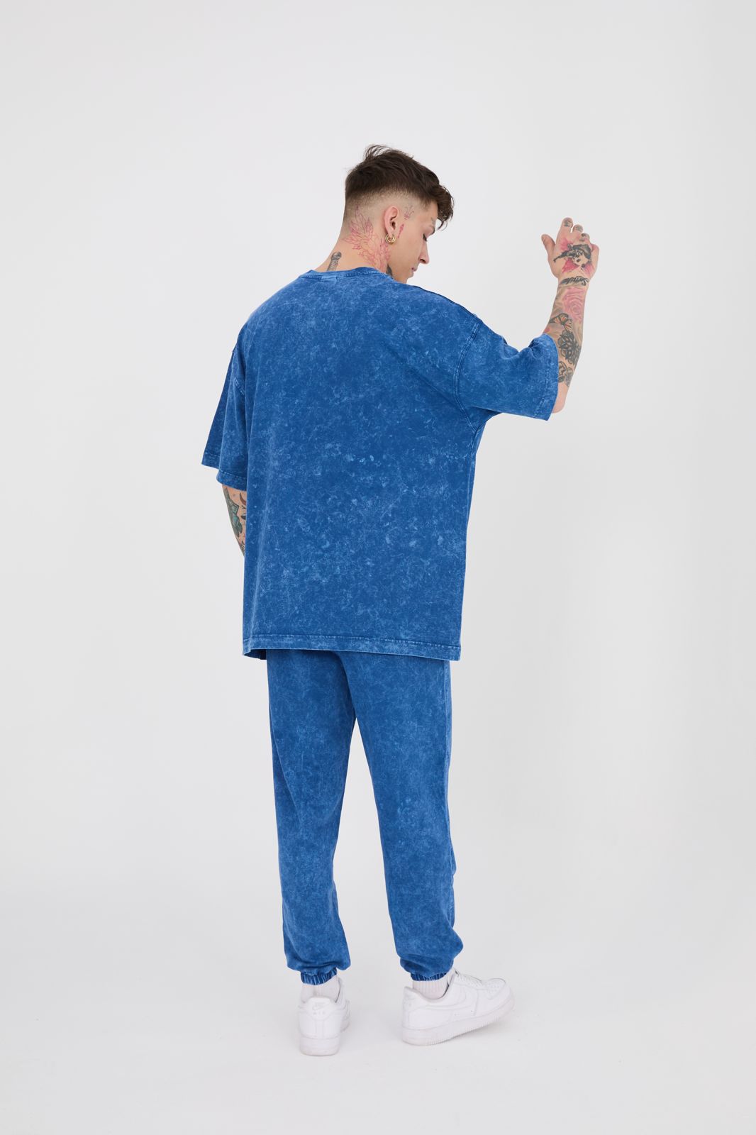 Erkek Yıkamalı Basic Oversize Tişört Indigo Efektli-4