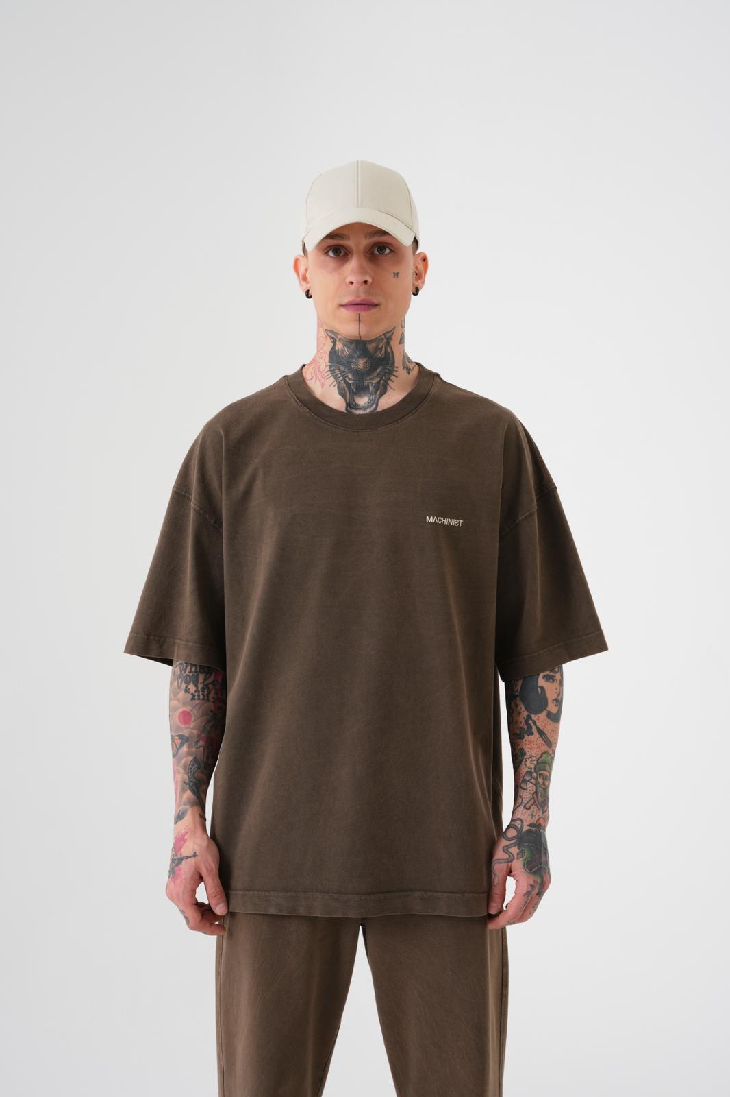 Erkek Yıkamalı Basic Oversize Tişört Kahverengi