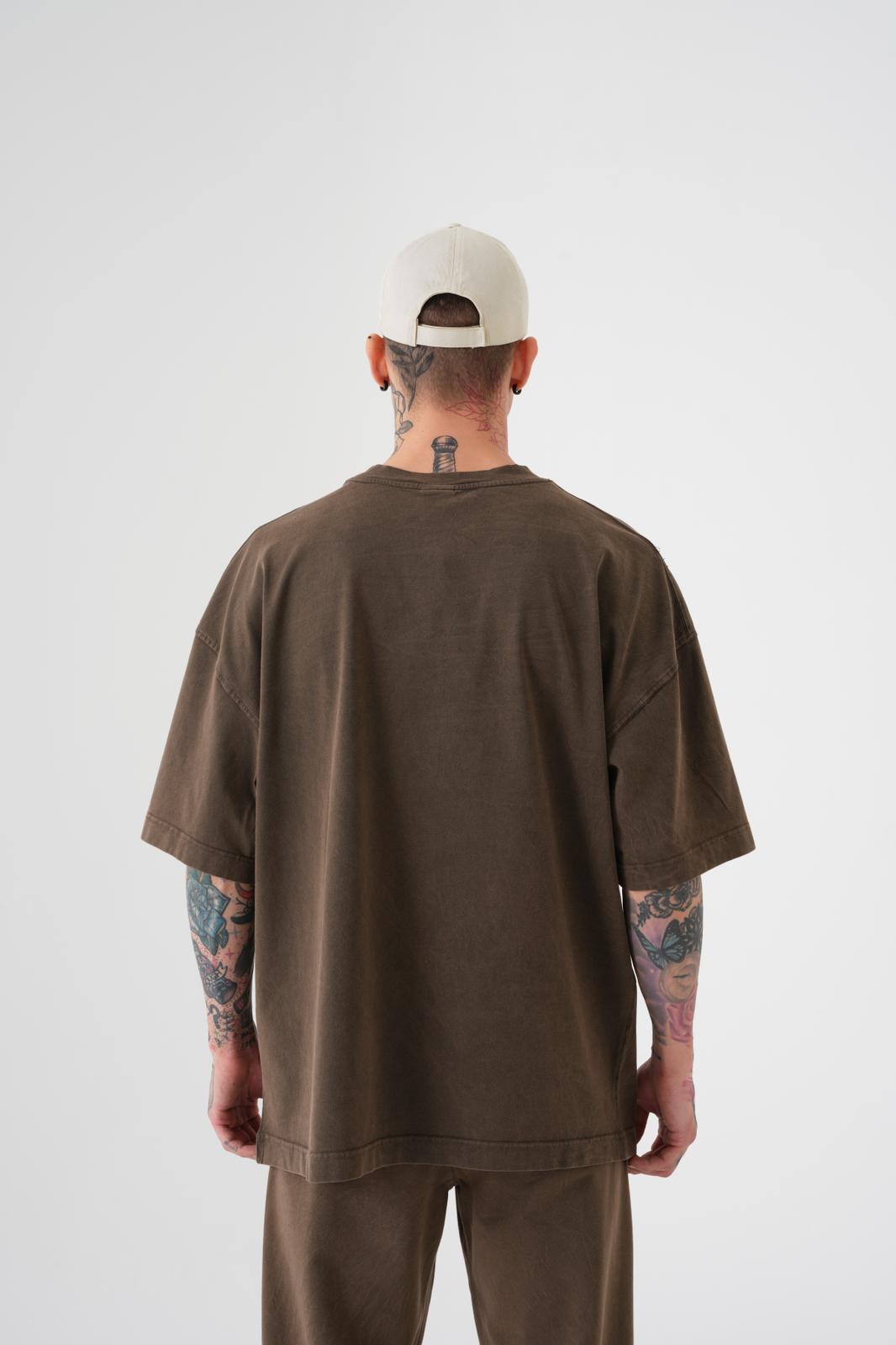 Erkek Yıkamalı Basic Oversize Tişört Kahverengi