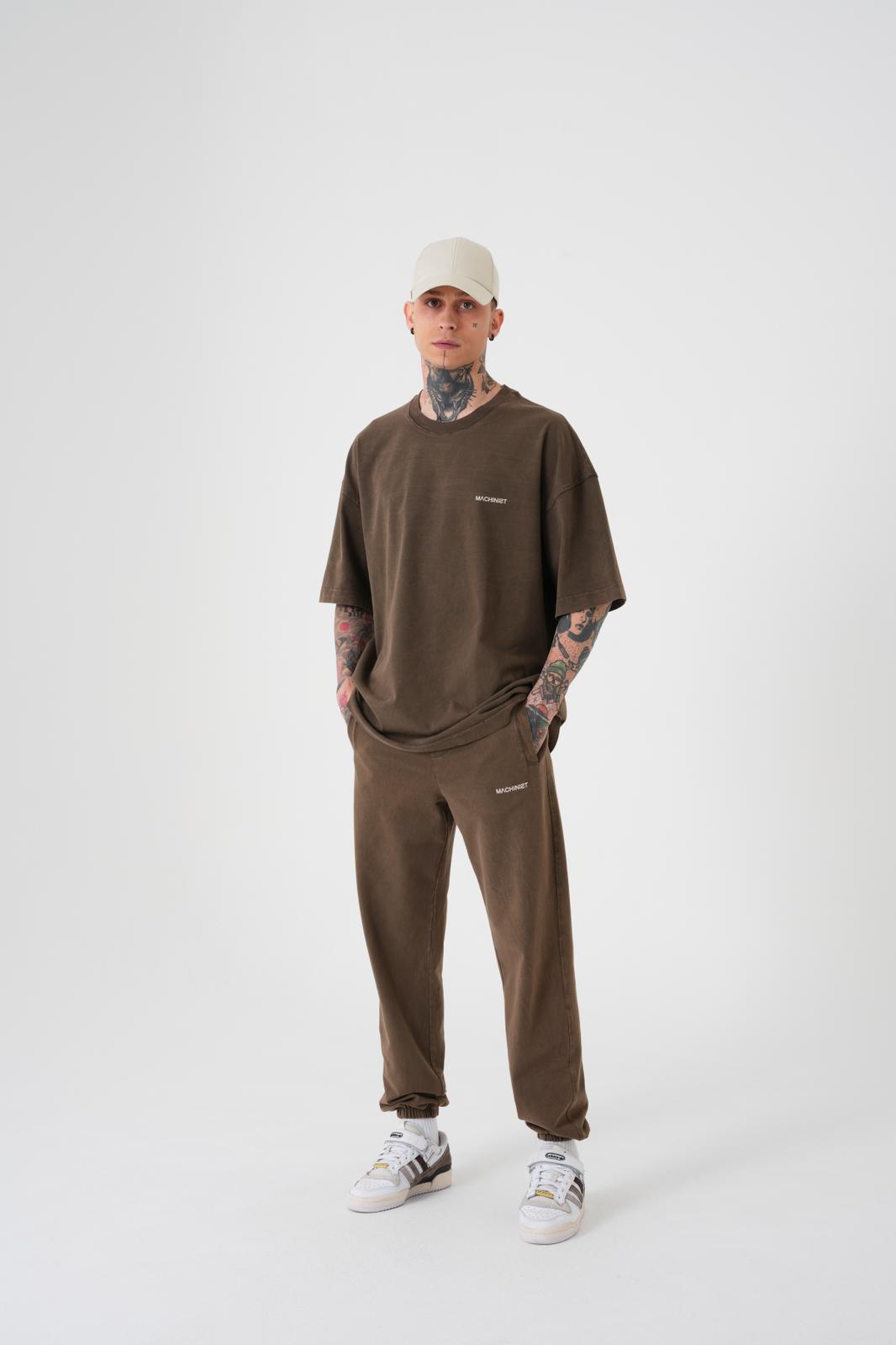 Erkek Yıkamalı Basic Oversize Tişört Kahverengi-3
