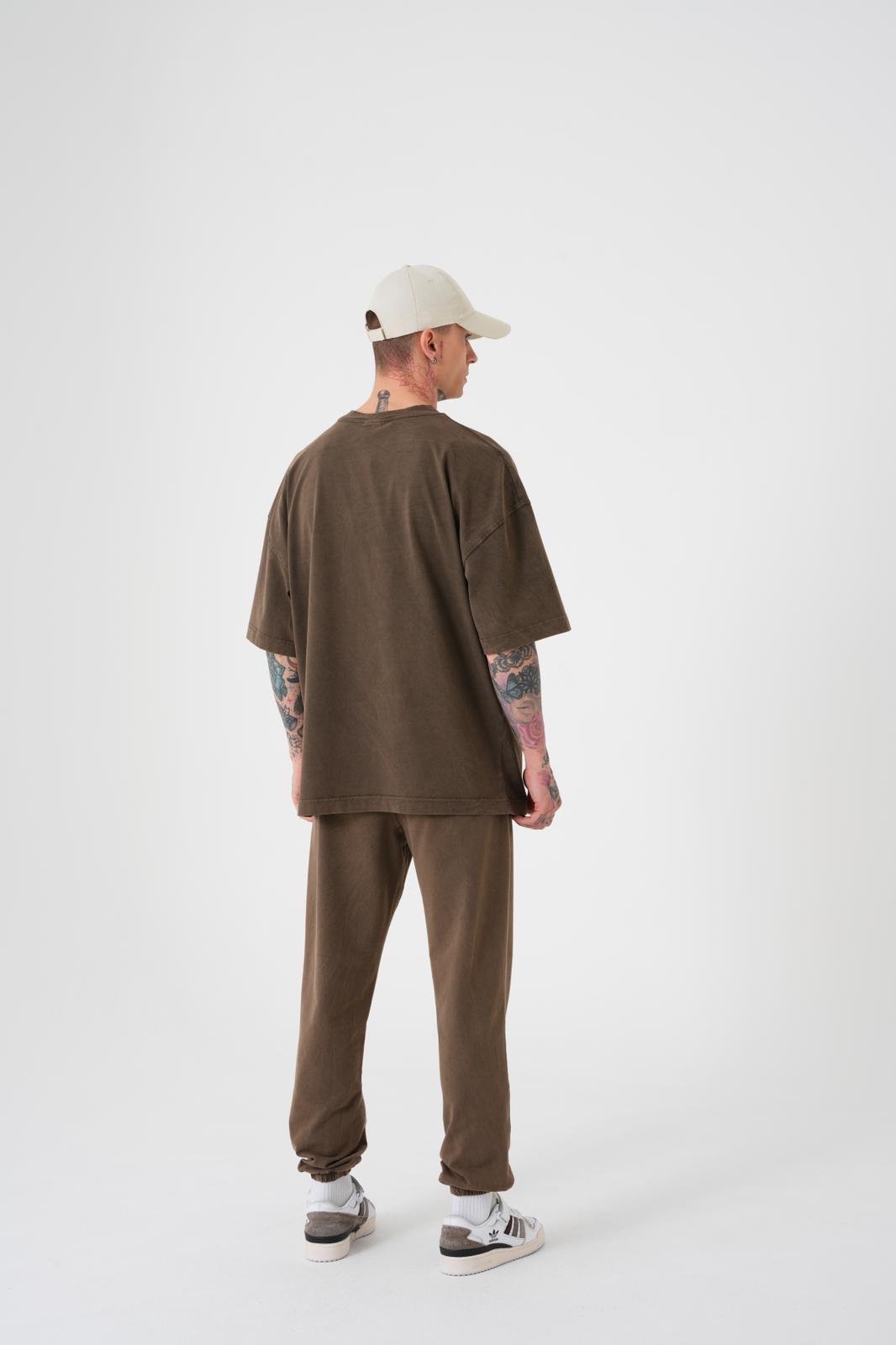 Erkek Yıkamalı Basic Oversize Tişört Kahverengi-4