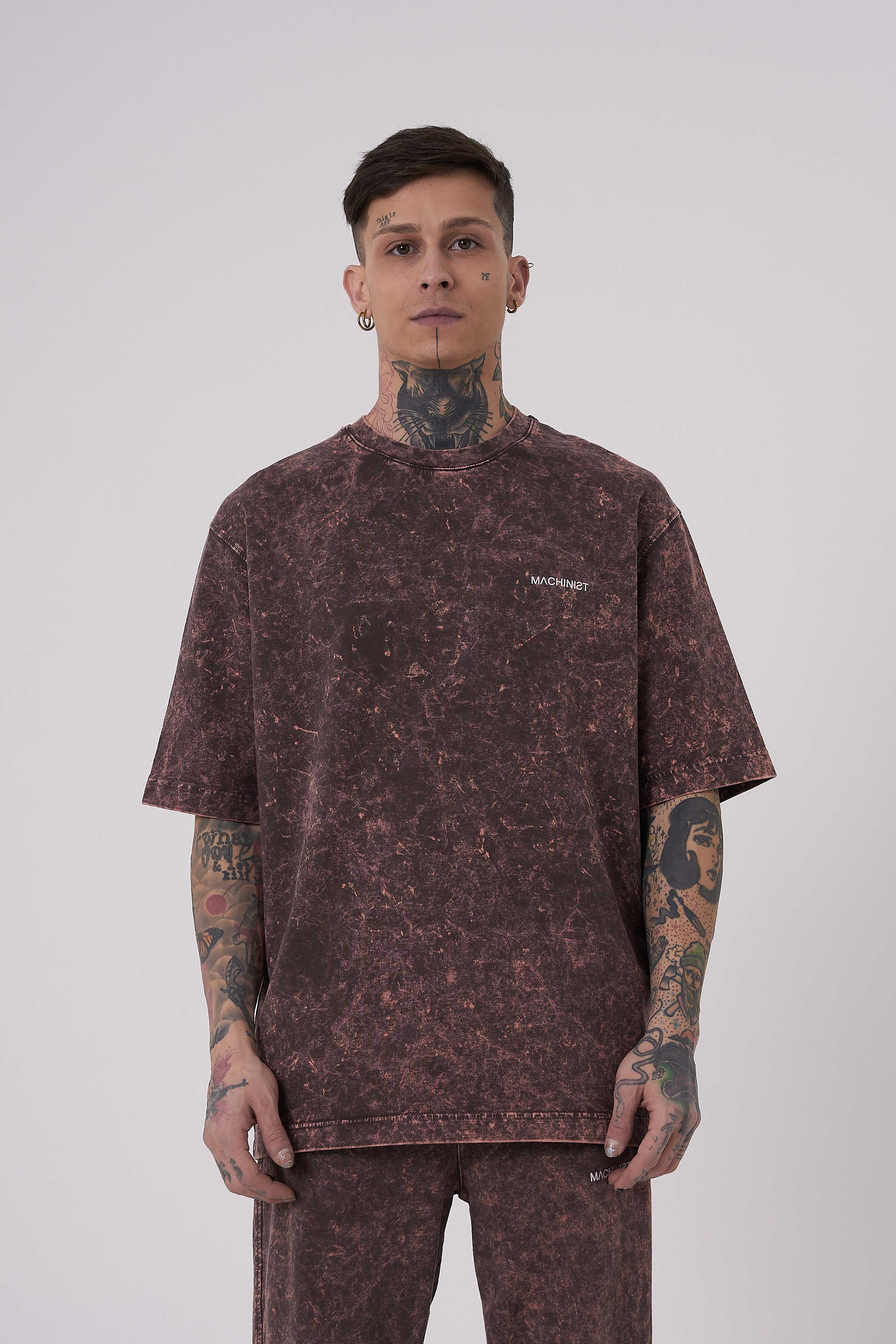 Erkek Yıkamalı Basic Oversize Tişört Kahverengi Efektli