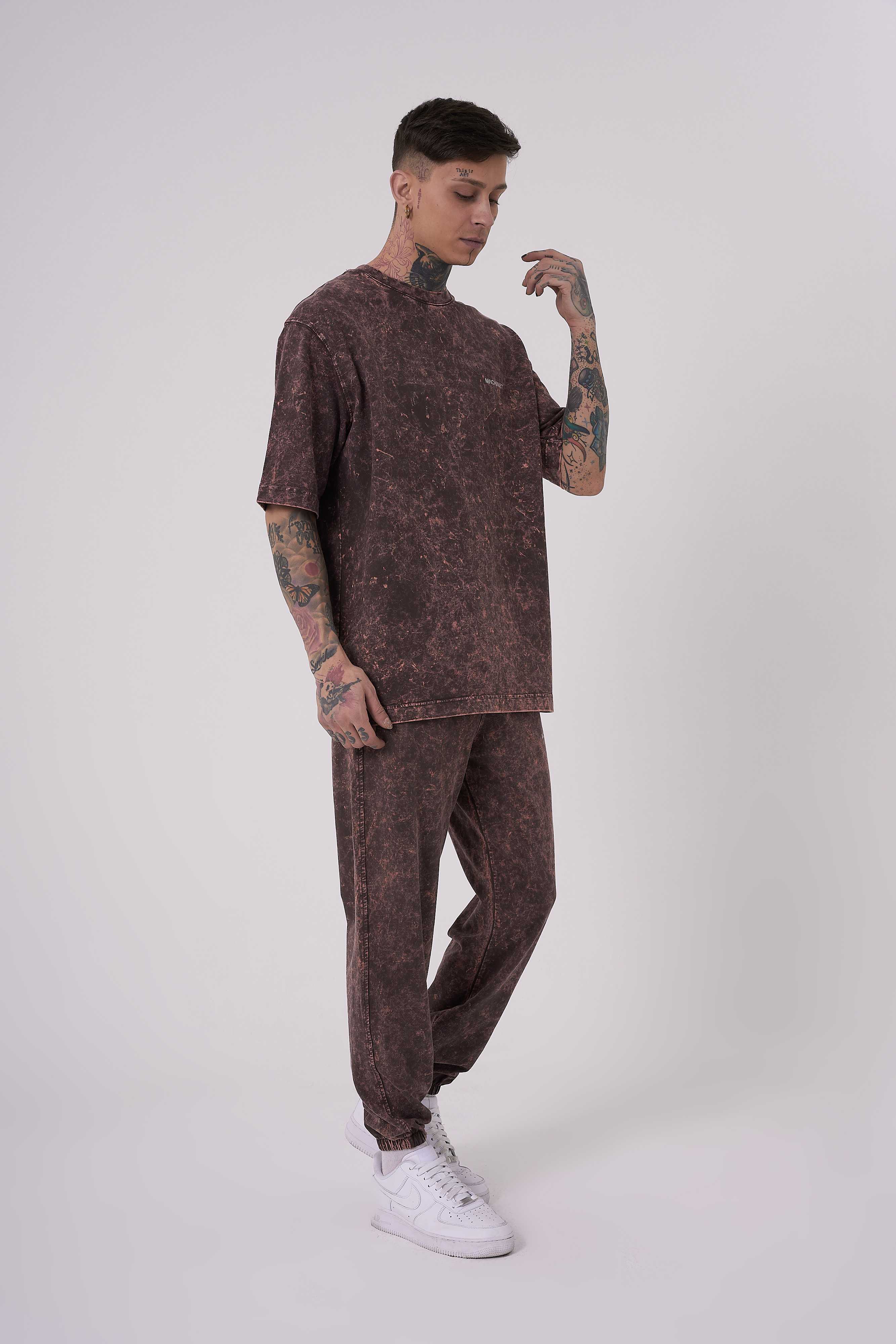 Erkek Yıkamalı Basic Oversize Tişört Kahverengi Efektli