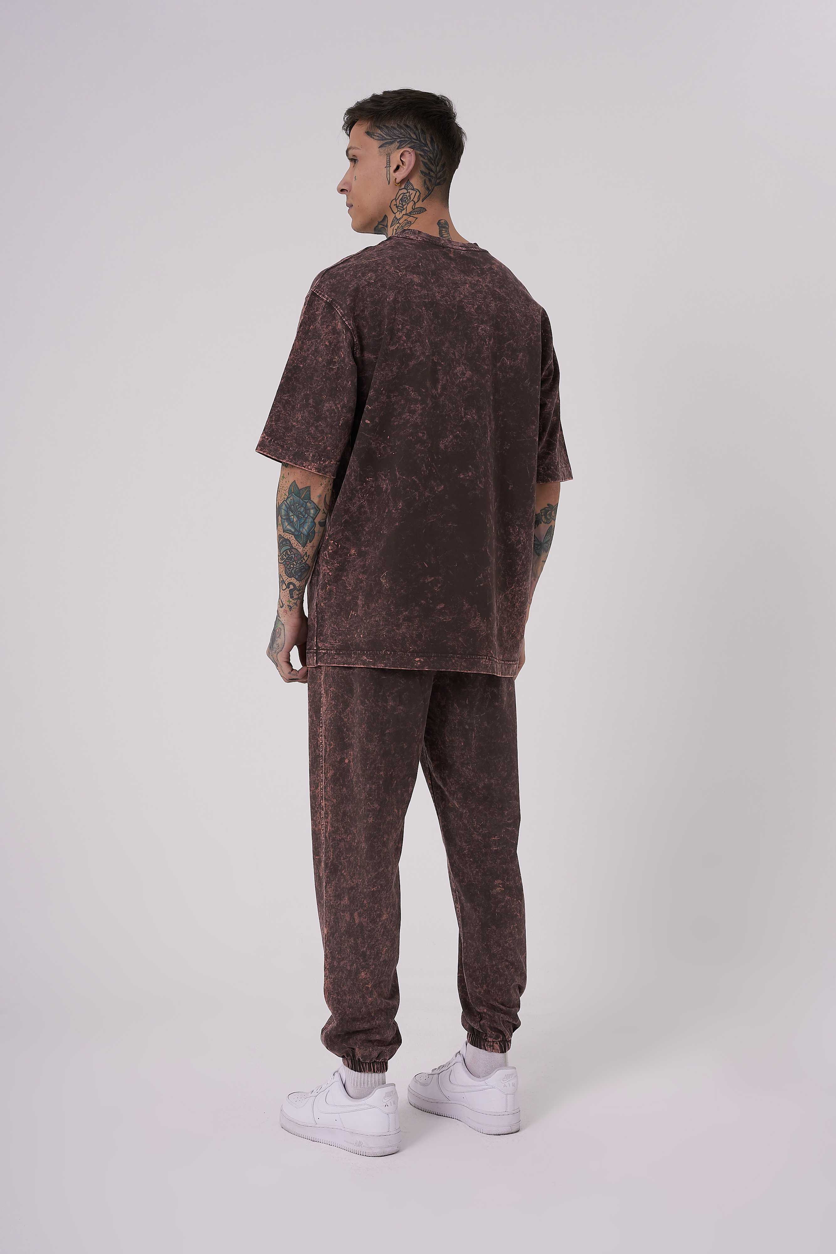 Erkek Yıkamalı Basic Oversize Tişört Kahverengi Efektli-3