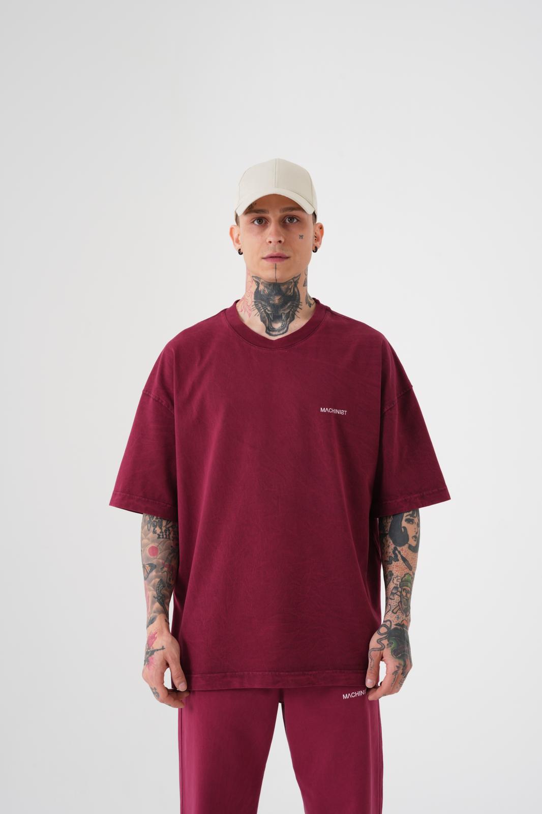 Erkek Yıkamalı Basic Oversize Tişört Koyu Kırmızı
