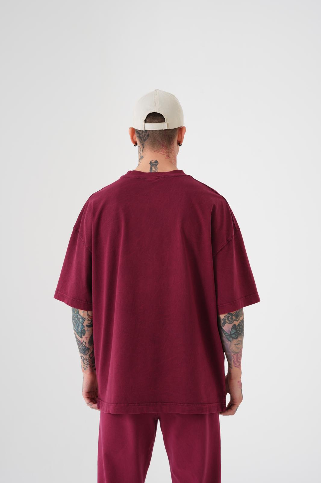 Erkek Yıkamalı Basic Oversize Tişört Koyu Kırmızı