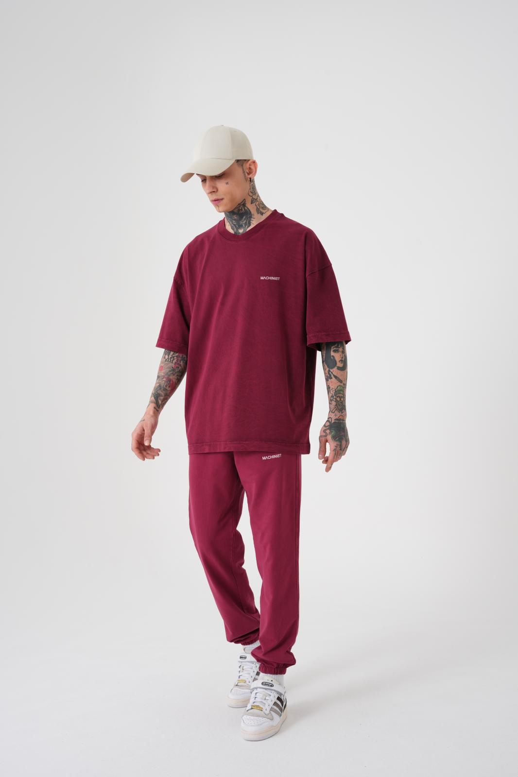 Erkek Yıkamalı Basic Oversize Tişört Koyu Kırmızı-3