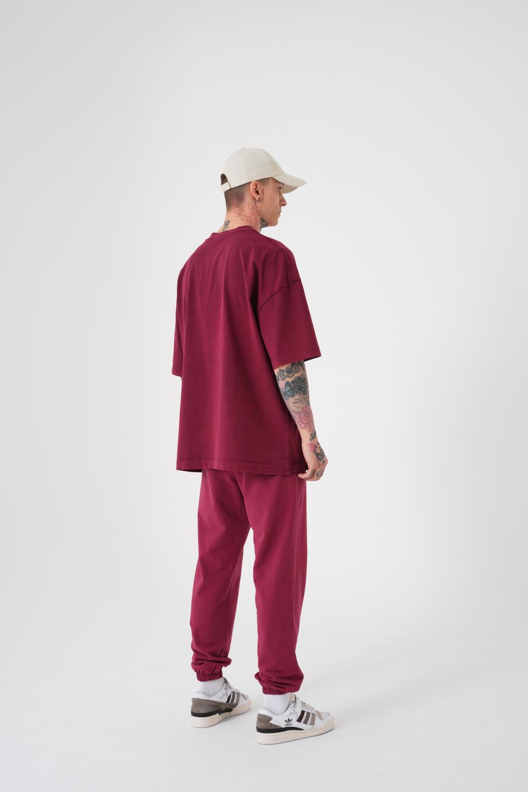 Erkek Yıkamalı Basic Oversize Tişört Koyu Kırmızı-4