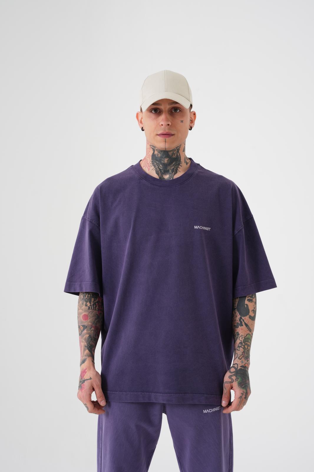 Erkek Yıkamalı Basic Oversize Tişört Mor
