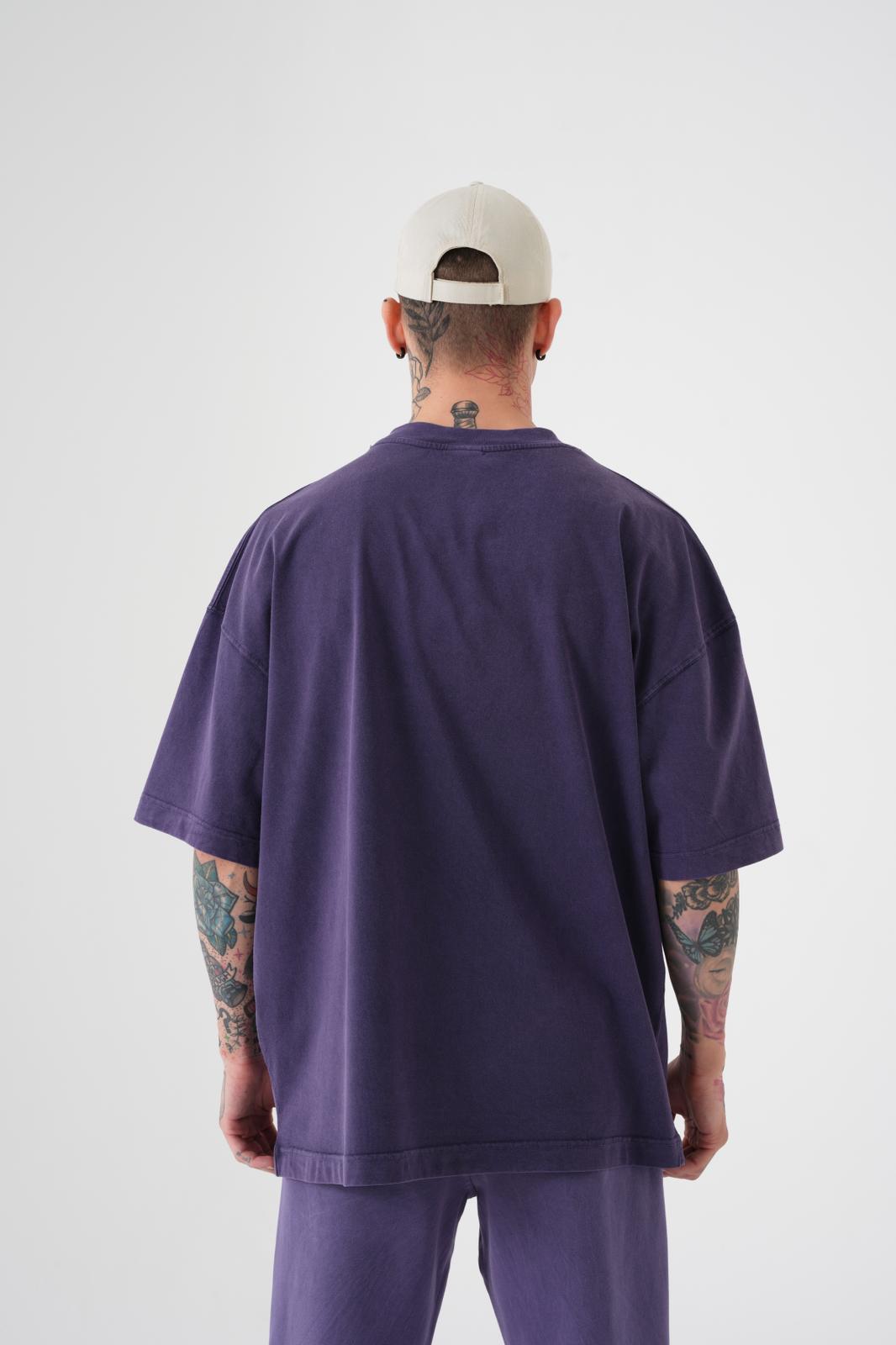 Erkek Yıkamalı Basic Oversize Tişört Mor