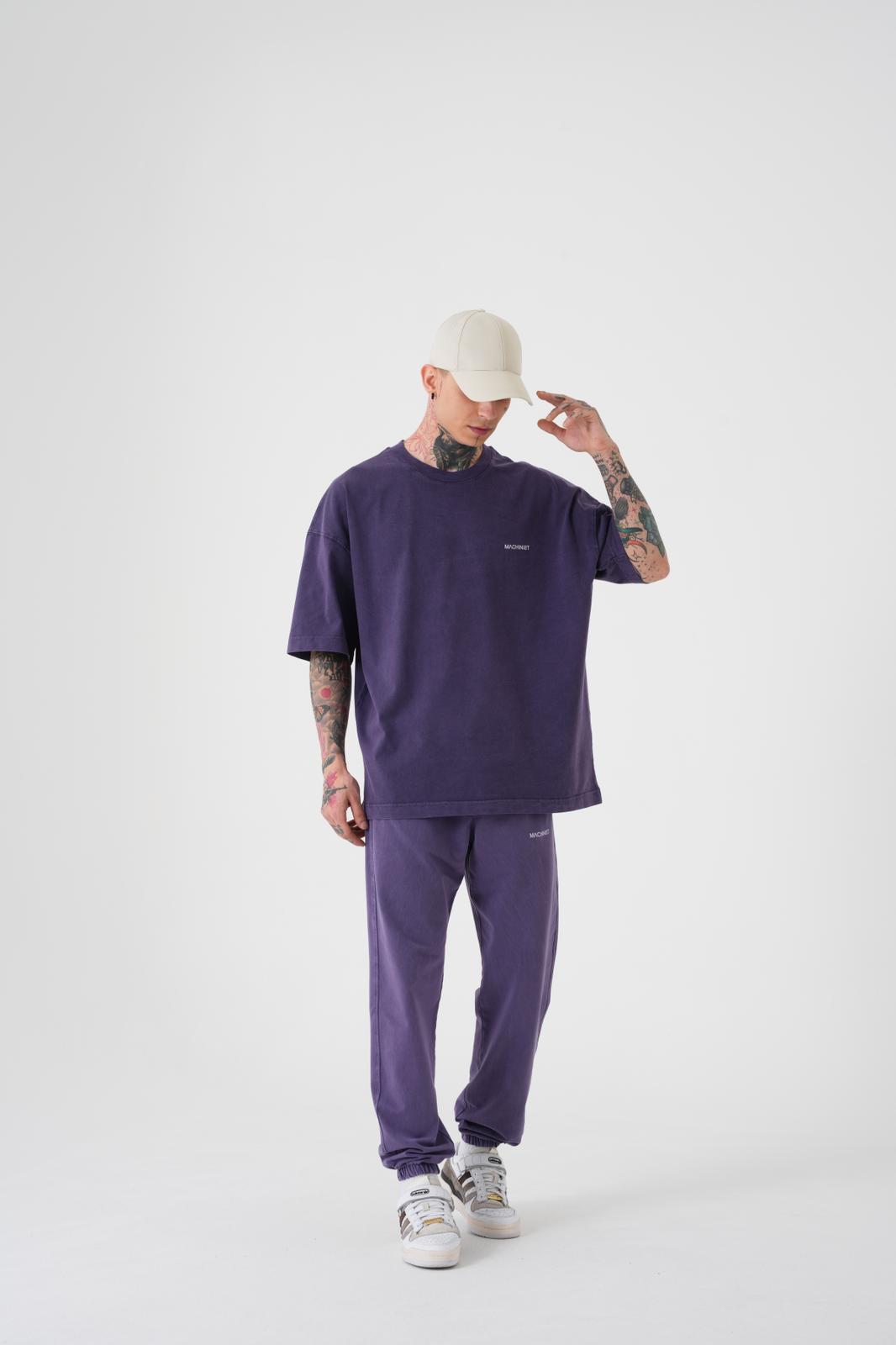 Erkek Yıkamalı Basic Oversize Tişört Mor-3
